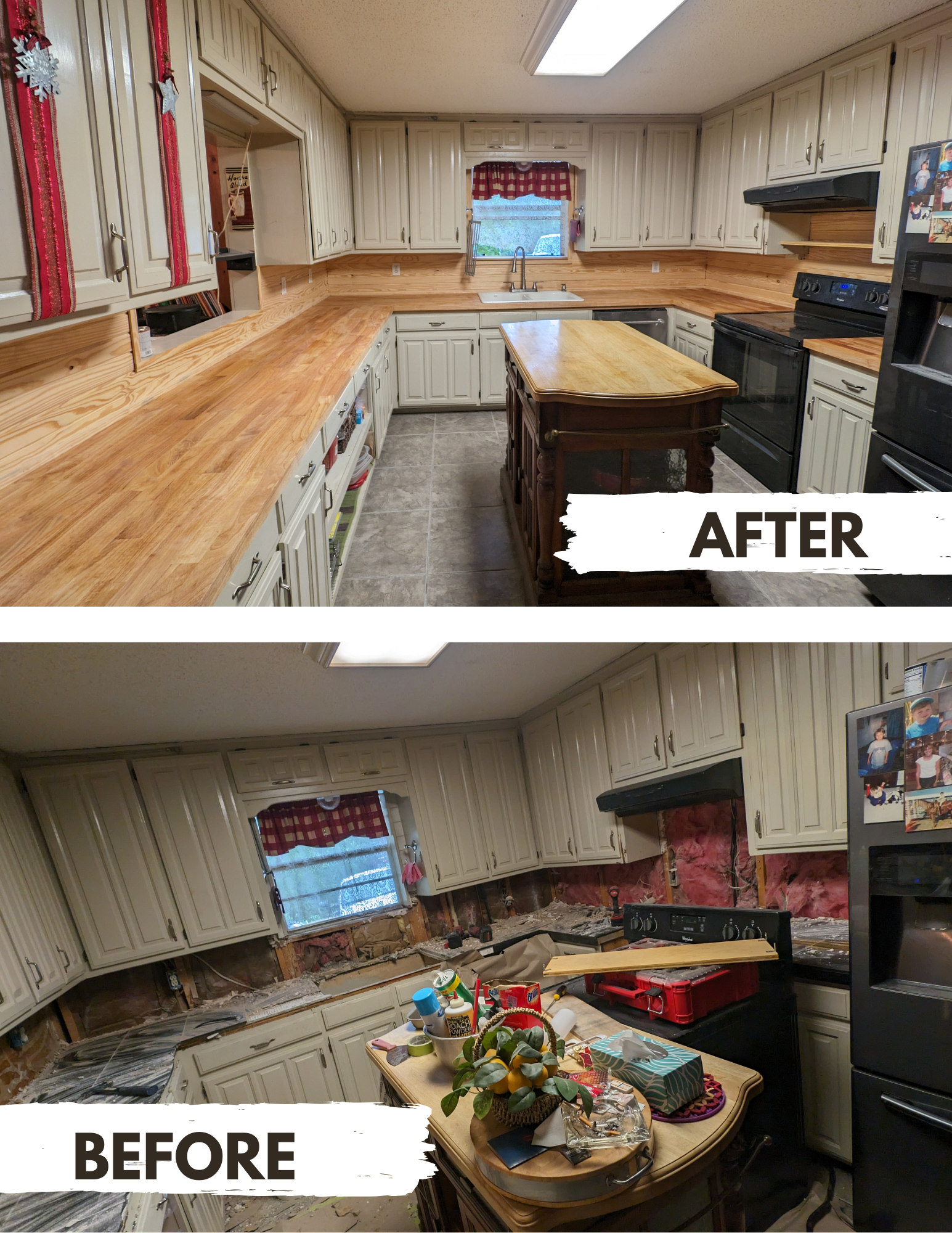 Kitchen before and after renovation, showing organized and clean space in the after photo with new wooden countertops, and unfinished remodeling area with exposed insulation, tools, and construction materials in the before photo.