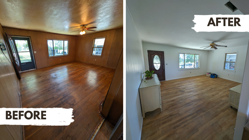 Comparison of a living room before and after renovation. The 'before' image shows a room with dark wood panel walls and matching dark wood flooring, a ceiling fan, and a door leading outside. The 'after' image shows the same room with light-colored p