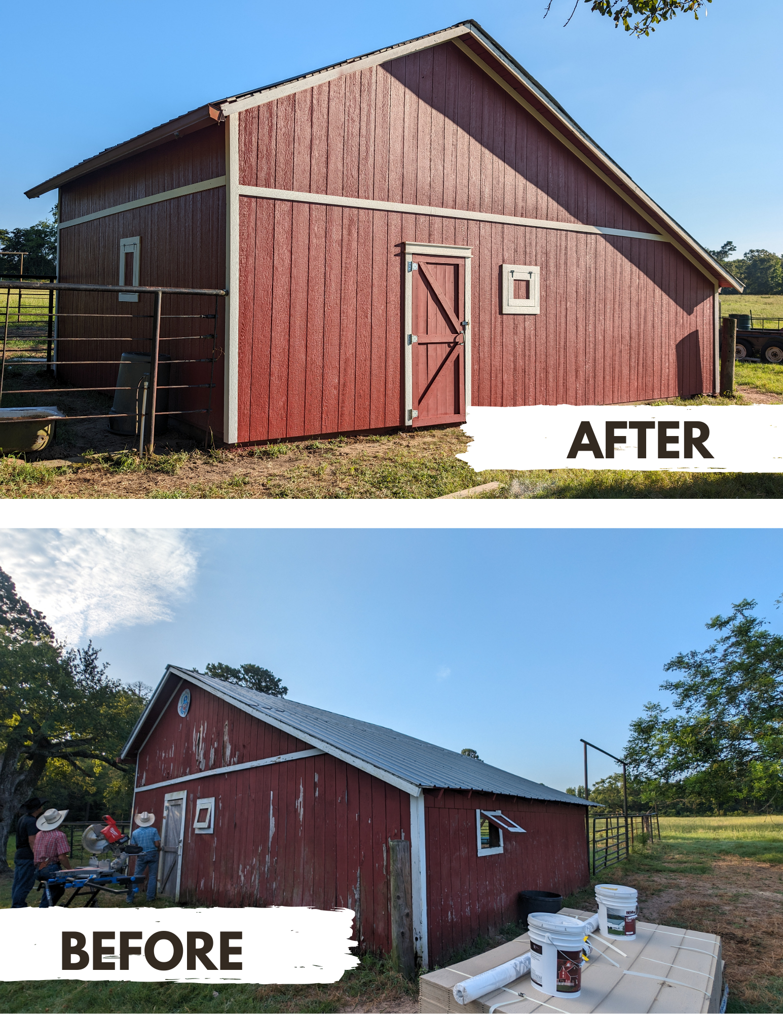 Comparison of a barn showing 'before' and 'after' renovation. The 'after' image depicts a freshly painted, well-maintained red barn with white trim, while the 'before' image shows an older, weathered barn with peeling paint and construction materials