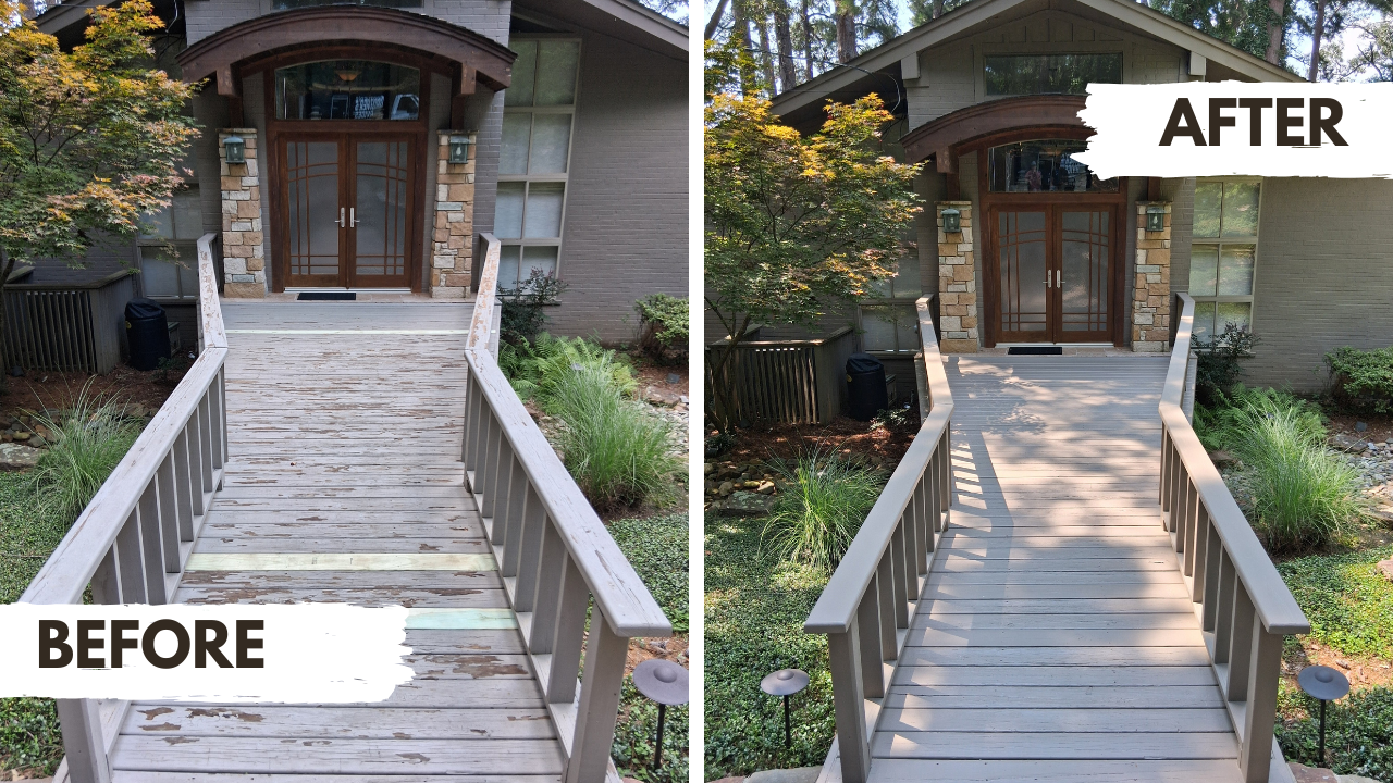 Comparison of a wooden ramp before and after cleaning and restoration in front of a house with stone accents and a double door. The 'before' side shows weathered, dirty wood, while the 'after' side displays a clean, sanded, and stained surface.