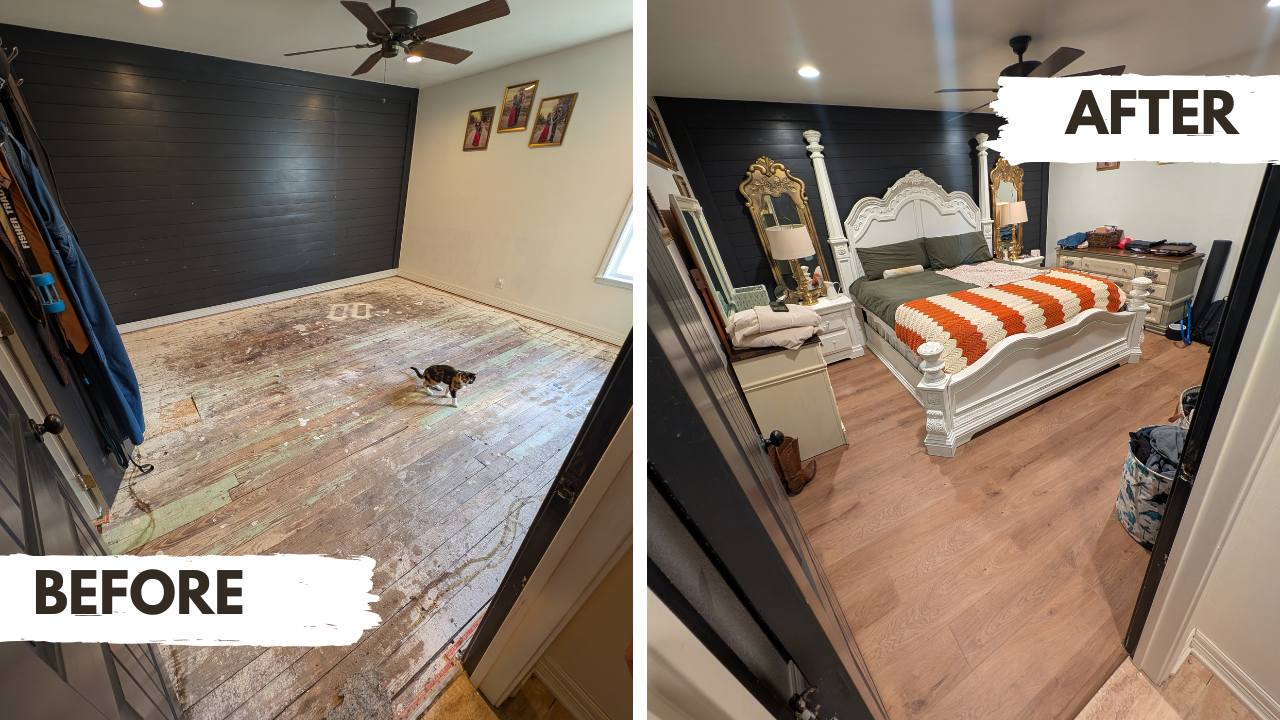 Comparison of a bedroom before and after renovation. The 'before' side shows an empty room with worn wooden floors and a black accent wall, with a cat sitting on the floor. The 'after' side features a finished bedroom with a white, ornate bed, matchi