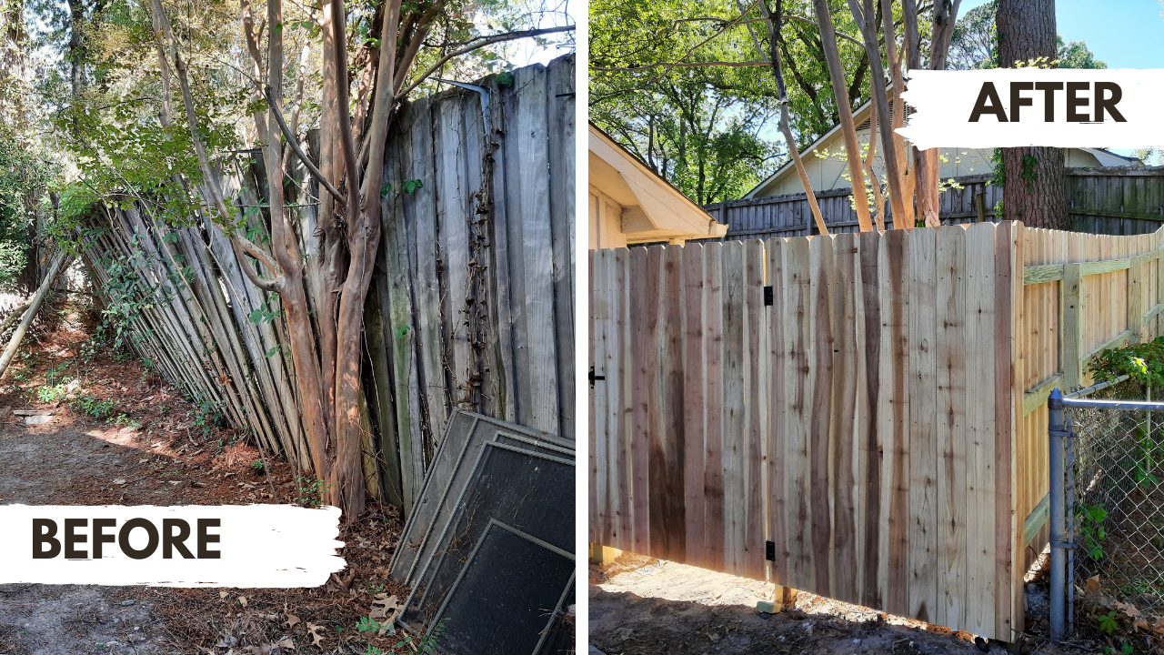 Side-by-side comparison of a yard fence before and after renovation. The 'before' shows a leaning, old, damaged wooden fence with overgrown trees and debris. The 'after' displays a newly constructed, straight wooden fence with fresh, clean wood, surr