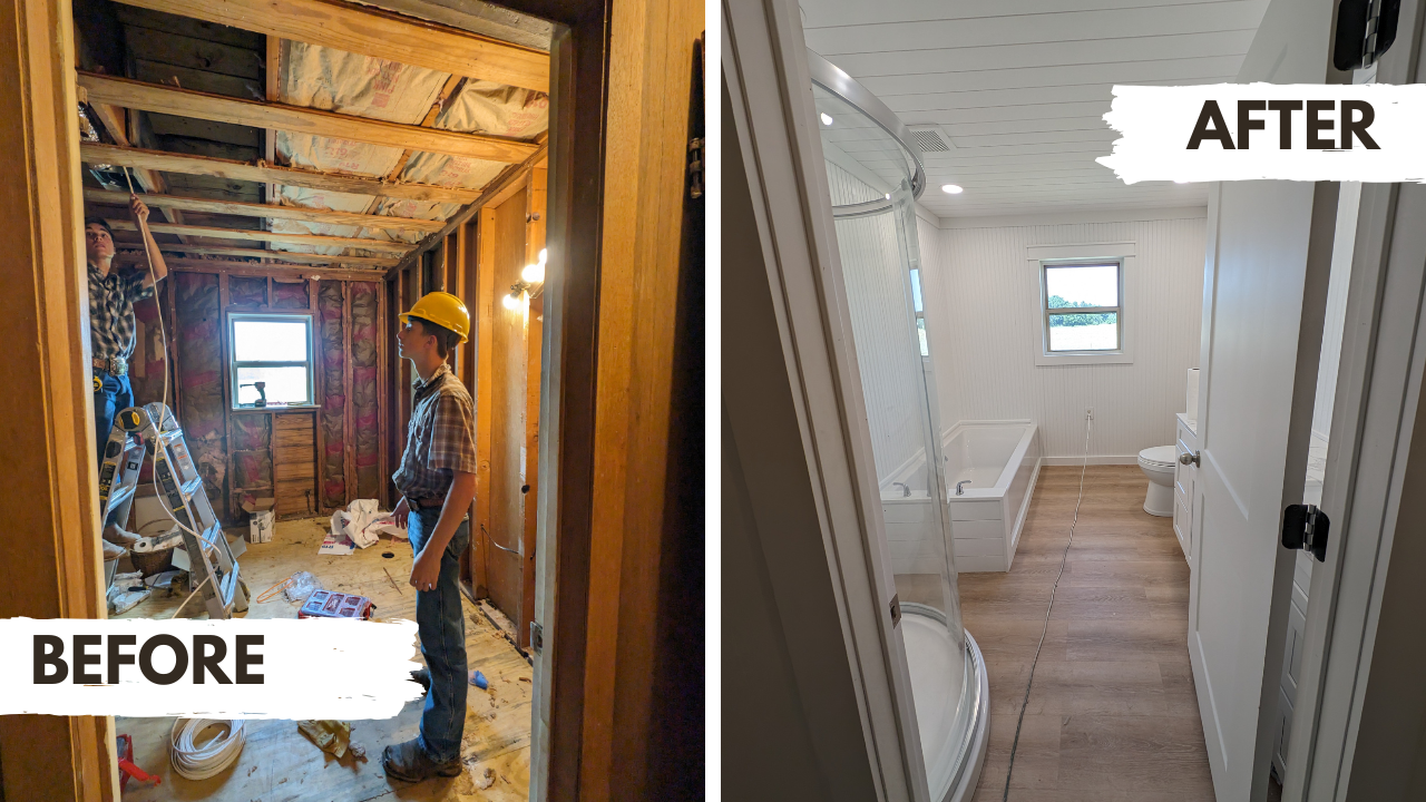 Side-by-side comparison of a bathroom under renovation, showing a dilapidated, unfinished space with a worker and construction tools on the left, and a finished, bright, white bathroom with a window, bathtub, and shower enclosure on the right.
