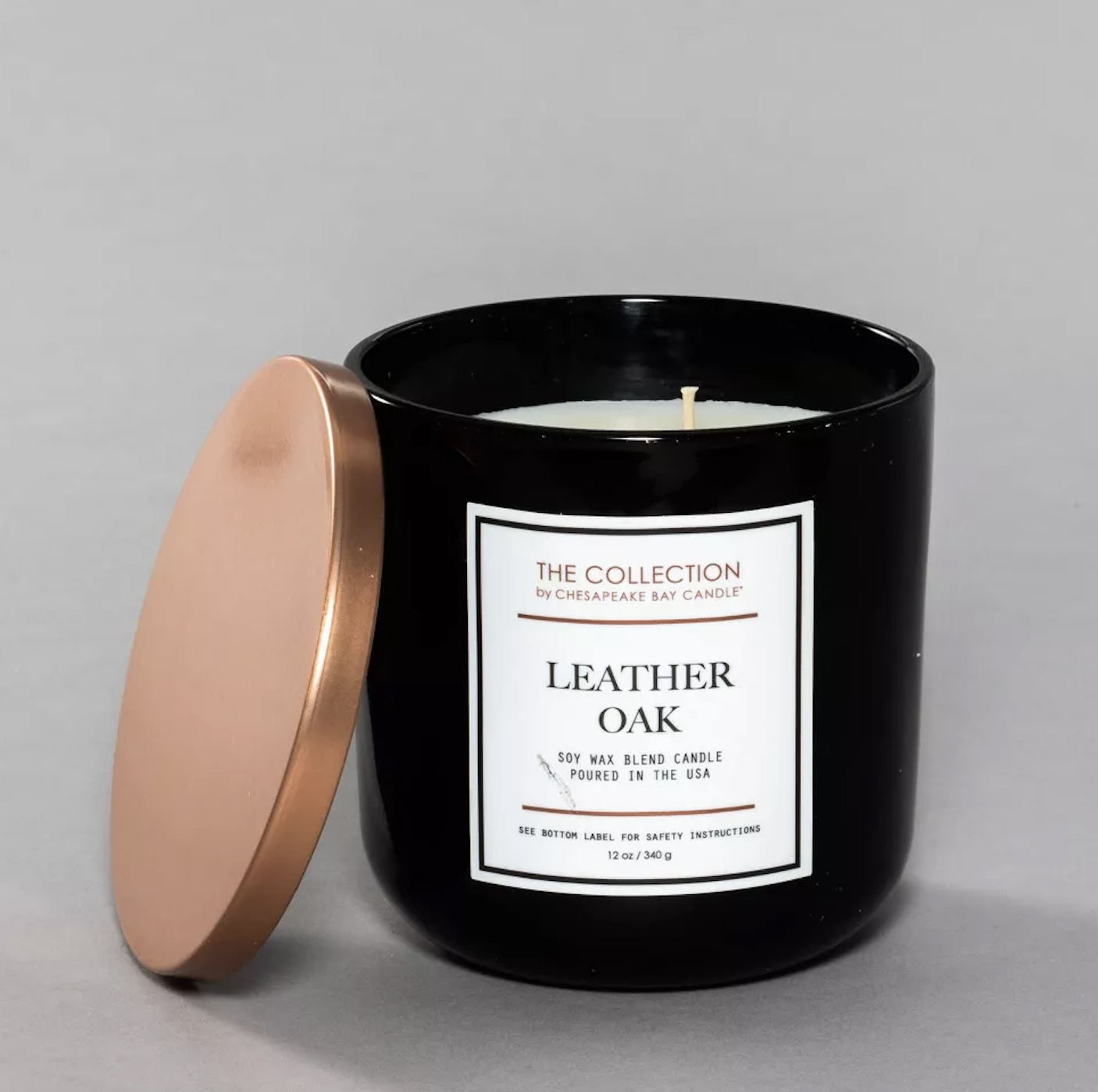 2-Wick Black Glass Leather Oak Lidded Jar Candle 12oz