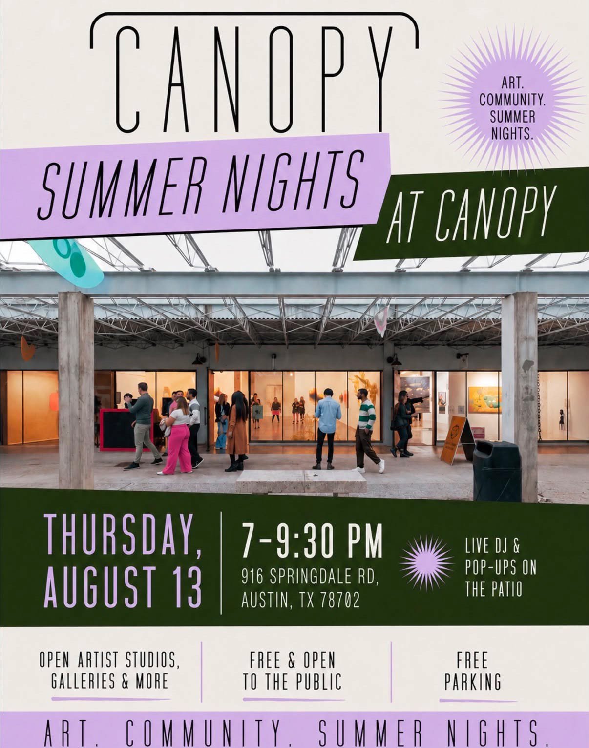 image of people hanging out and looking at art at one of the galleries at Canopy Art Complex