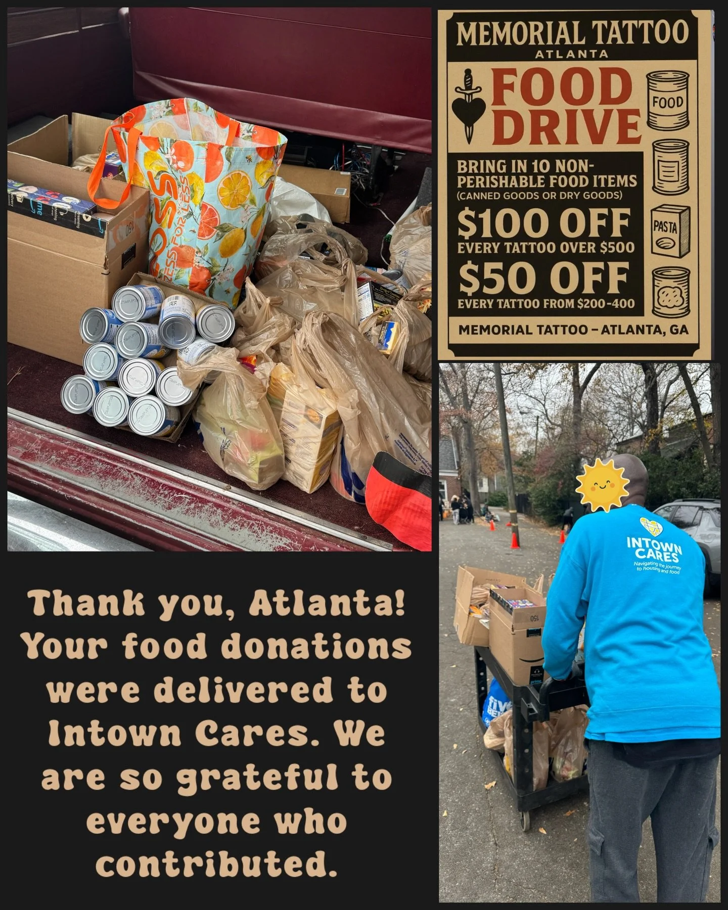 We are so appreciative of everyone who contributed to our tattoo food drive. Your donations were delivered to @intowncares providing meals and more to those in our community. Thanks Atlanta!