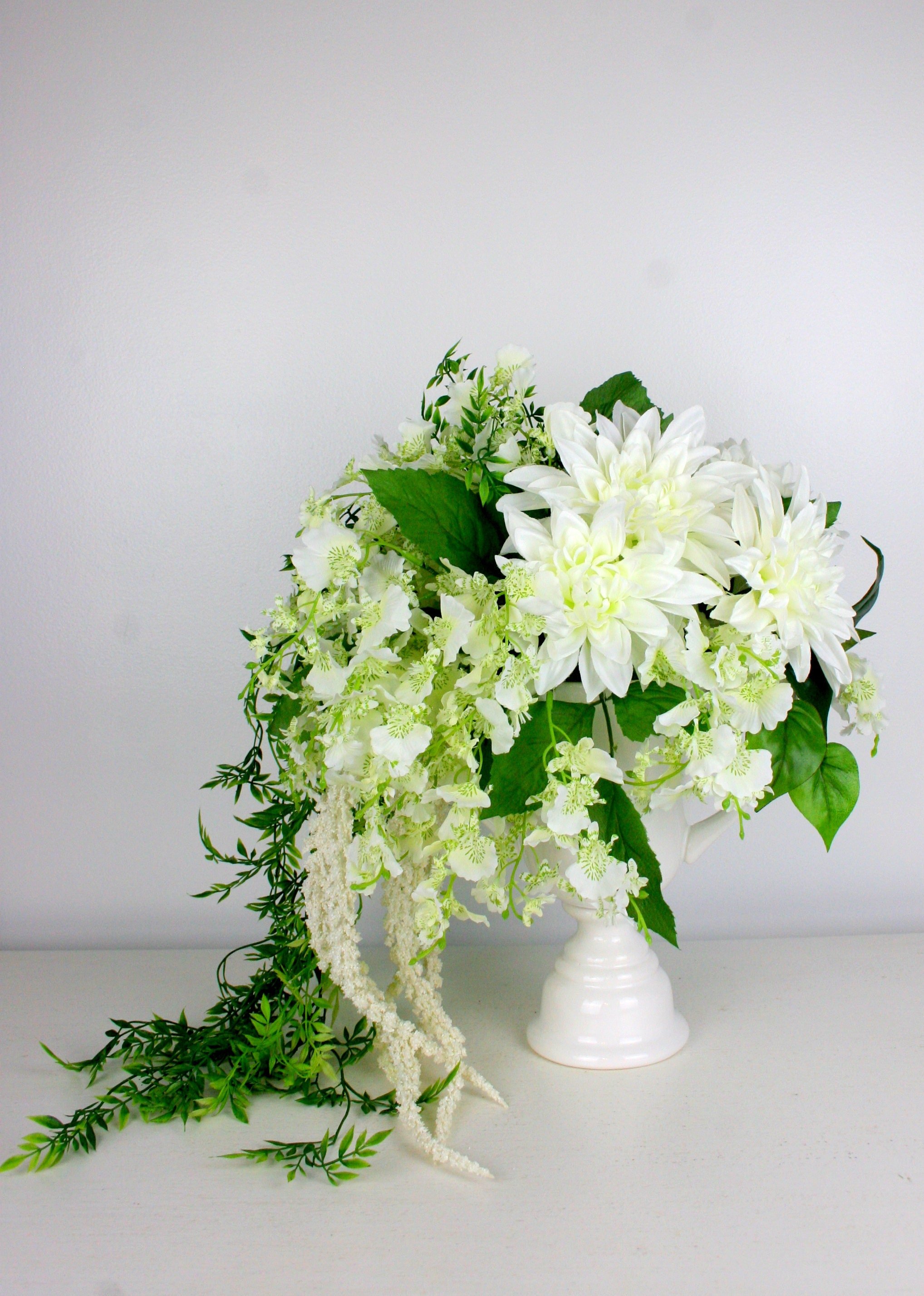 White Orchid, Dahlia and Amaranth Silk Flower Arrangement in White Porcelain Vase, Elegant Faux Centerpiece
