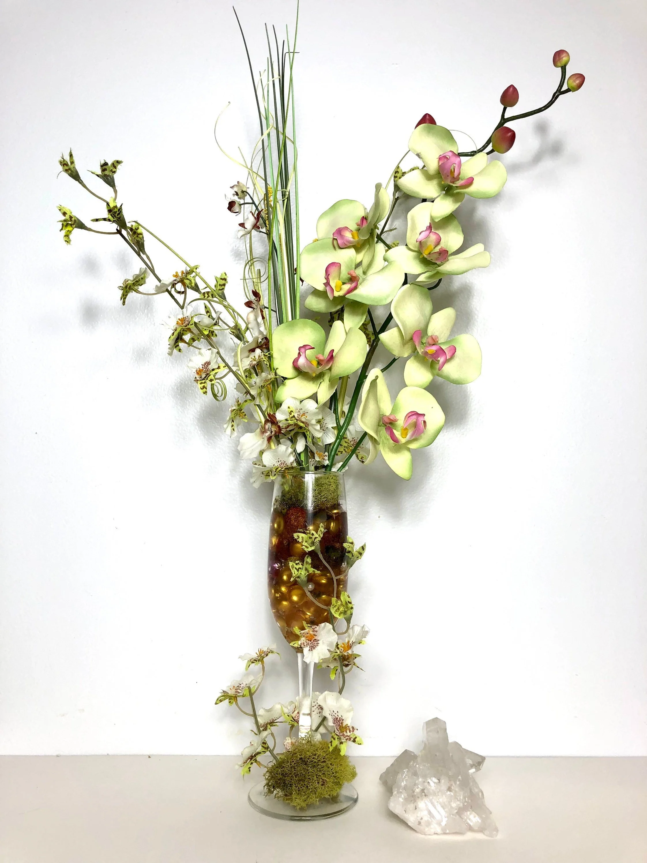 Green Phalaenopsis Orchid Silk Flower Arrangement in Wine Glass, Tall Faux Orchid Centerpiece, Handmade Gift