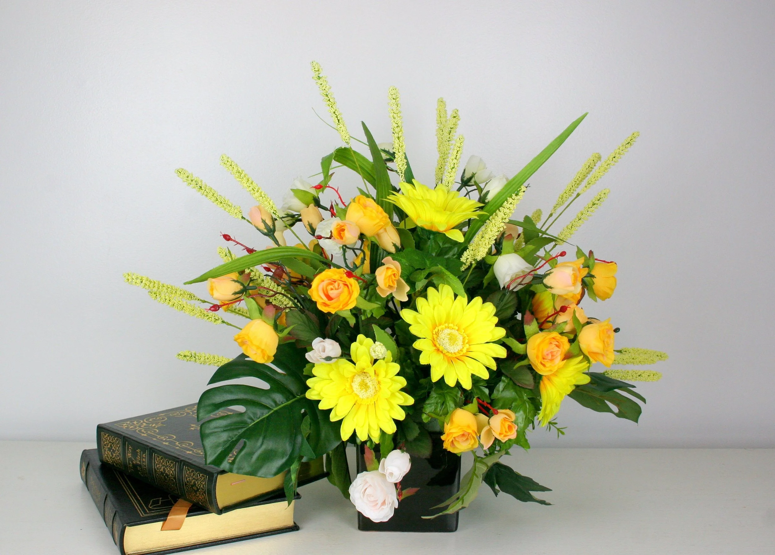 Ray of Sunshine Yellow Faux Flower Arrangement in Black Glass Vase, Large Artificial Floral Centerpiece