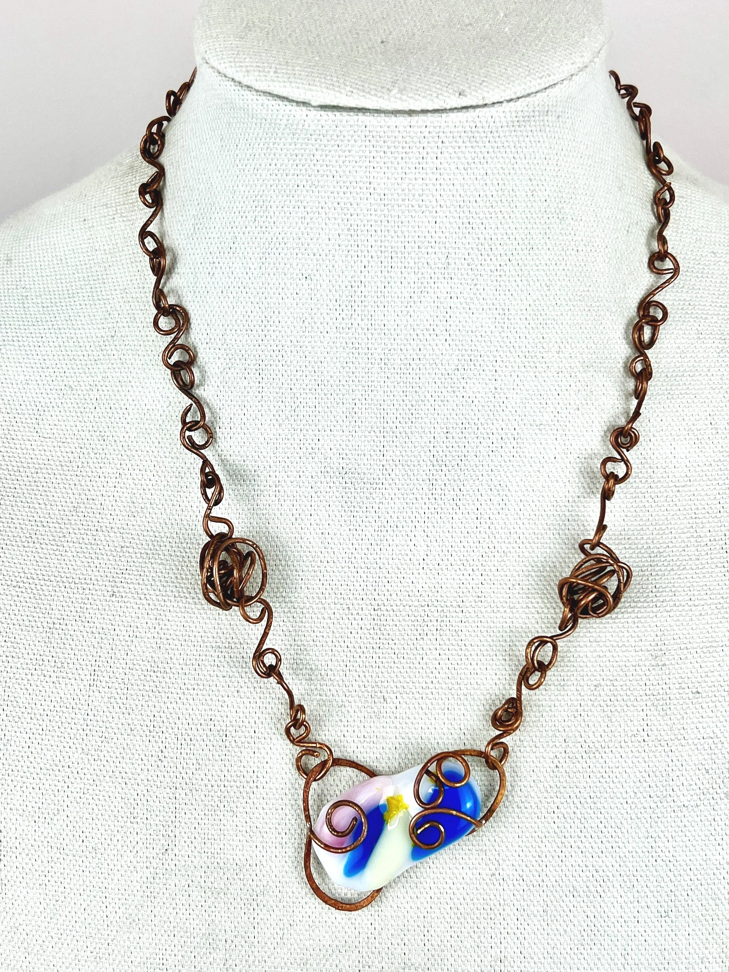 Starry Lampwork Glass and Copper Pendant Necklace - Fused Glass Centerpiece