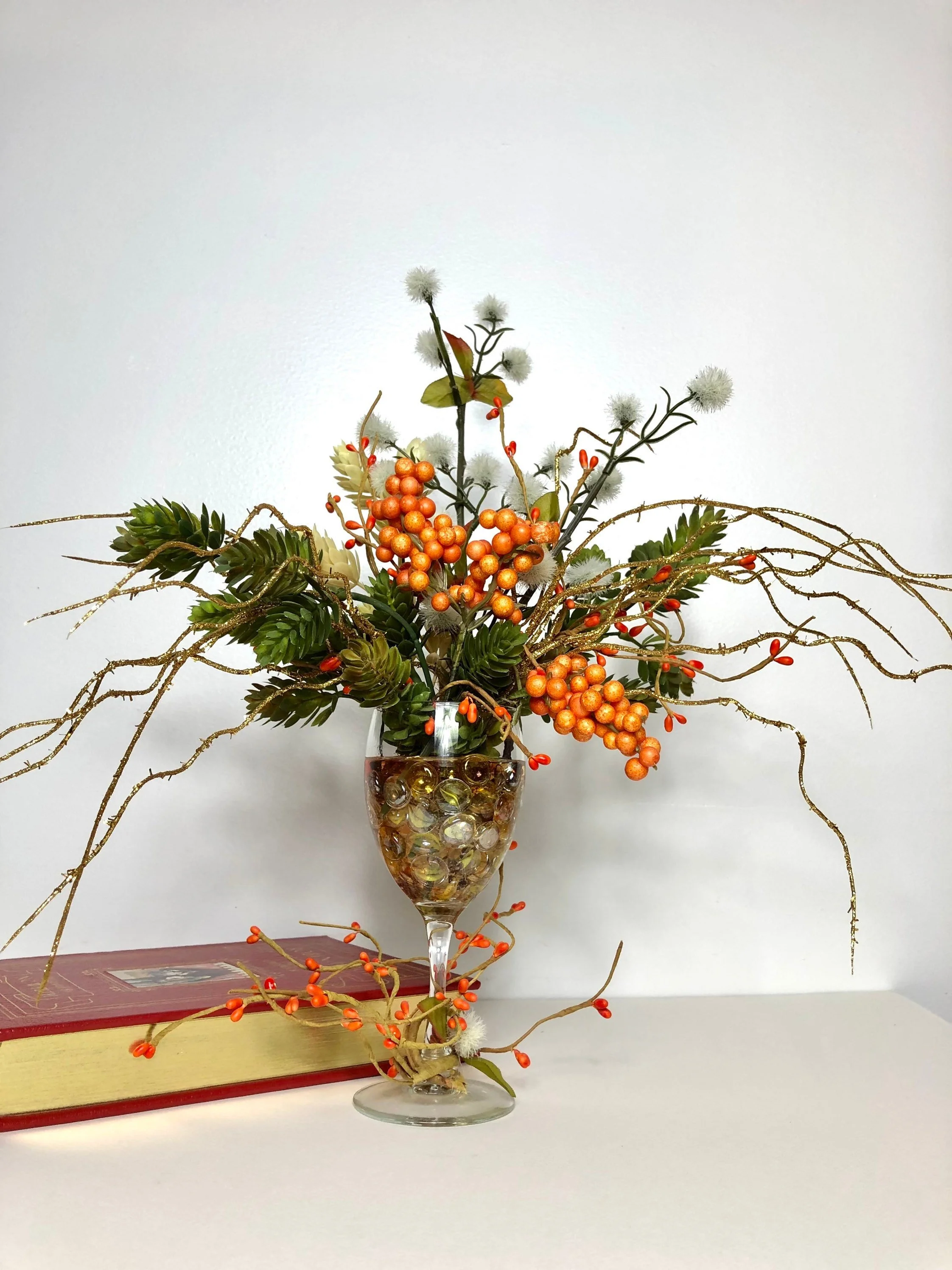 Autumn Silk Flower Arrangement in Wine Glass with Berries, Grasses and Beads, Fall Table Centerpiece