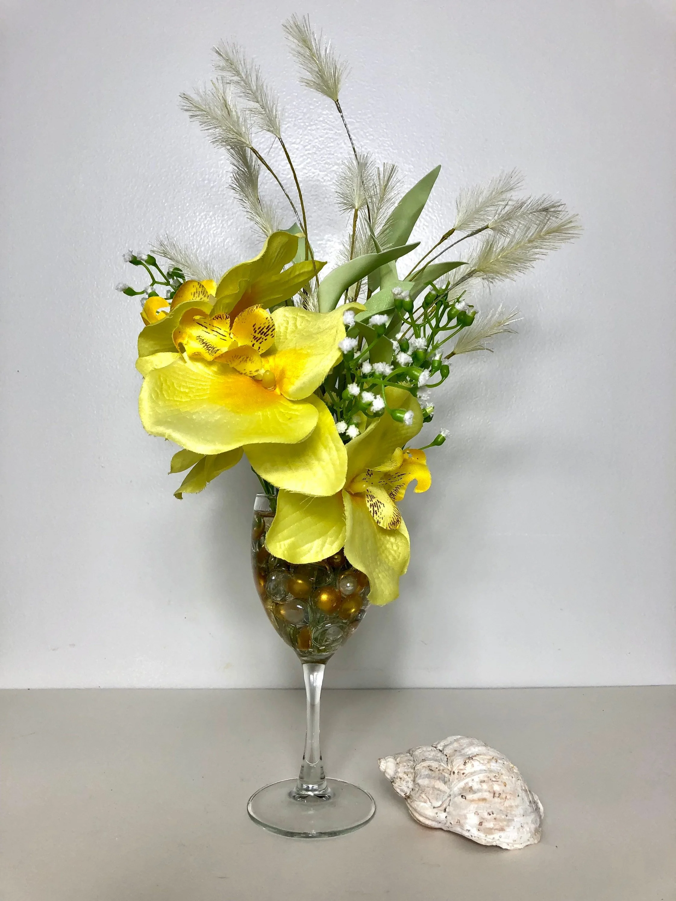 Yellow Orchid Silk Flower Arrangement in Wine Glass, One of a Kind Tropical Centerpiece, Handmade Home Decor