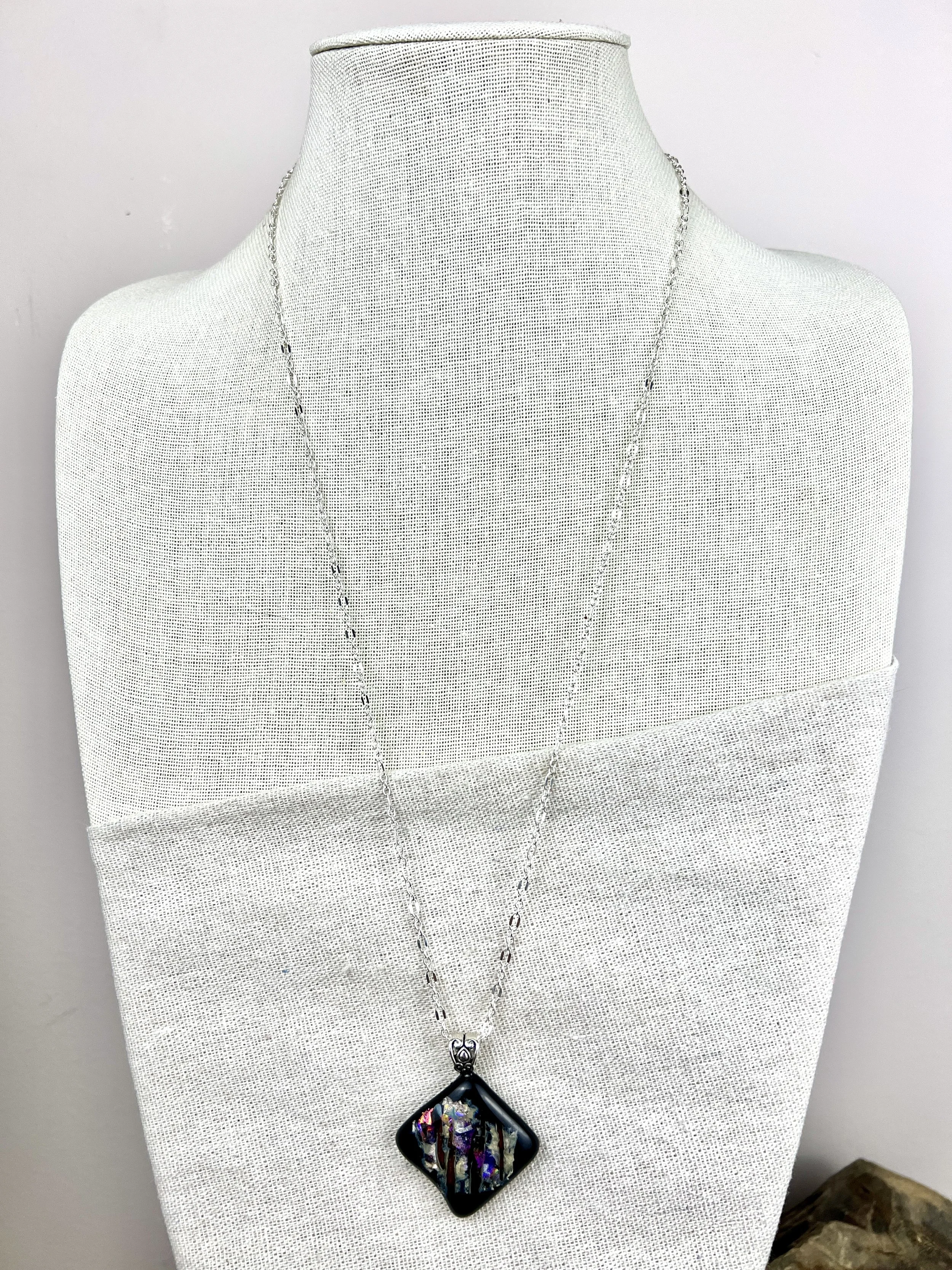 Midnight Dichro Bloom Pendant – Fused Glass Necklace