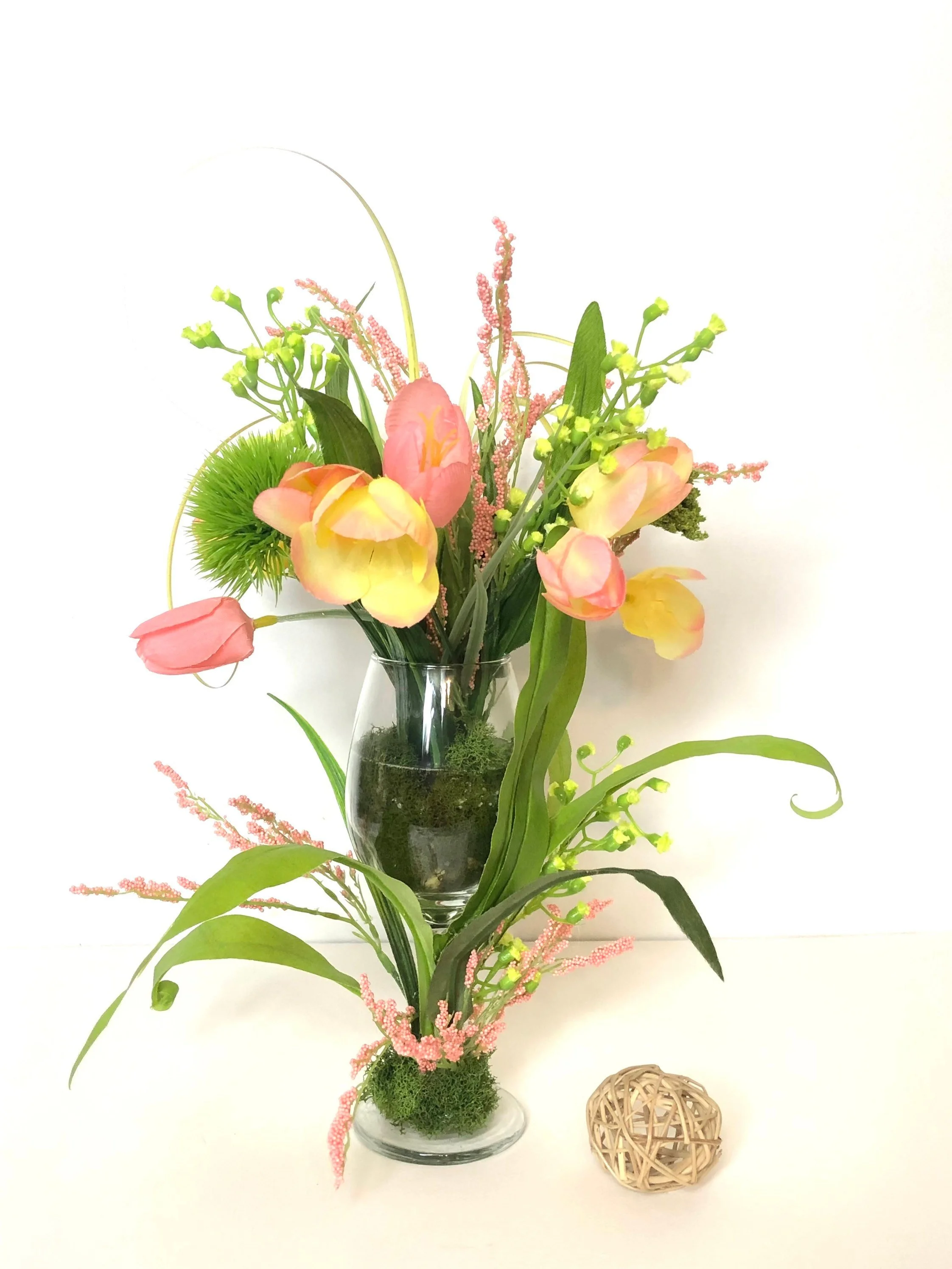 Pink and Yellow Tulip Silk Flower Arrangement in Wine Glass, Spring Faux Tulips, Handmade Gift