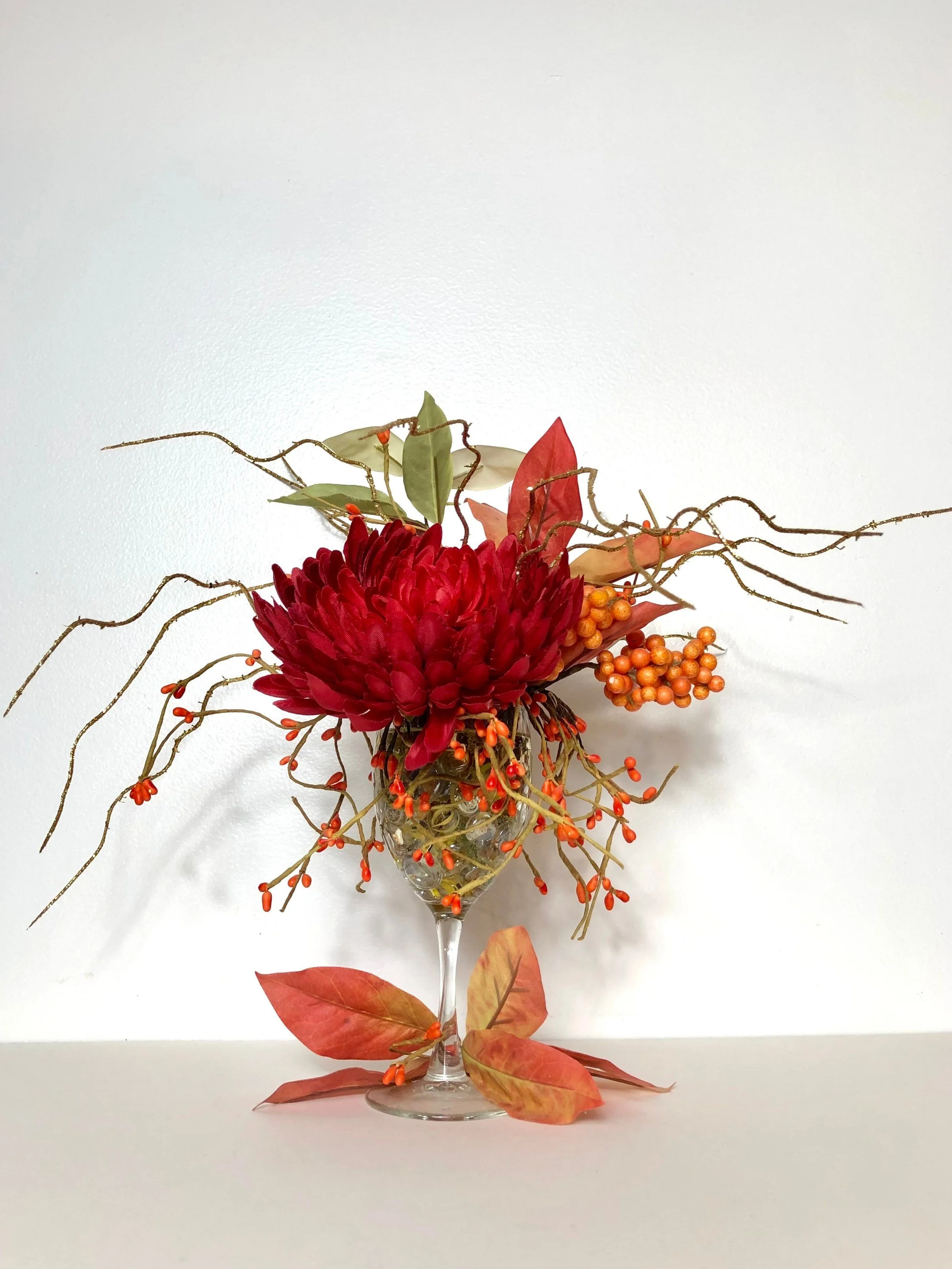 Red Aster Silk Flower Arrangement in Wine Glass, Autumn Faux Flower Centerpiece, Handmade Home Decor