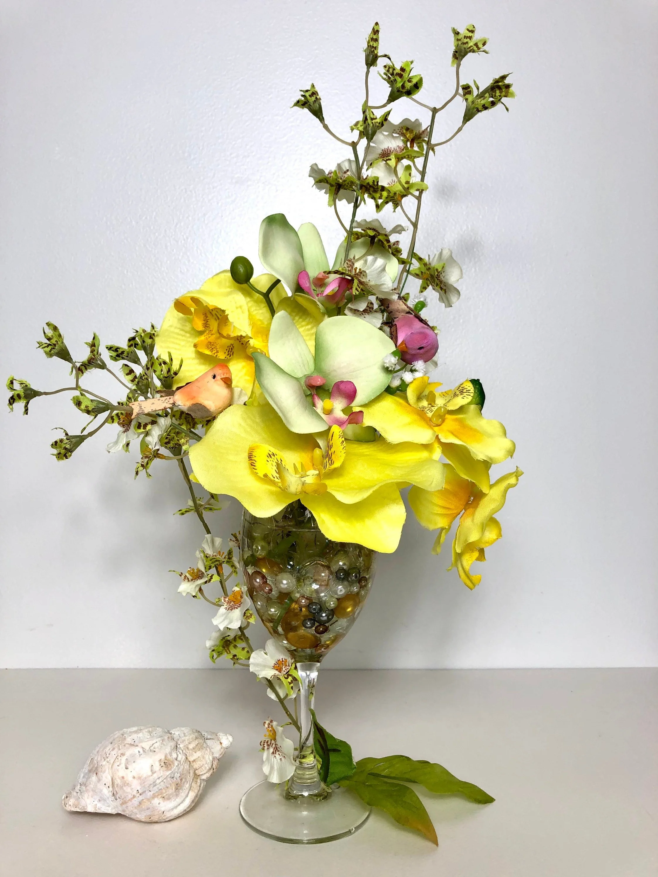 Birds of Paradise II Silk Flower Arrangement in Wine Glass, Tropical Home Bar Decor, Handmade Gift