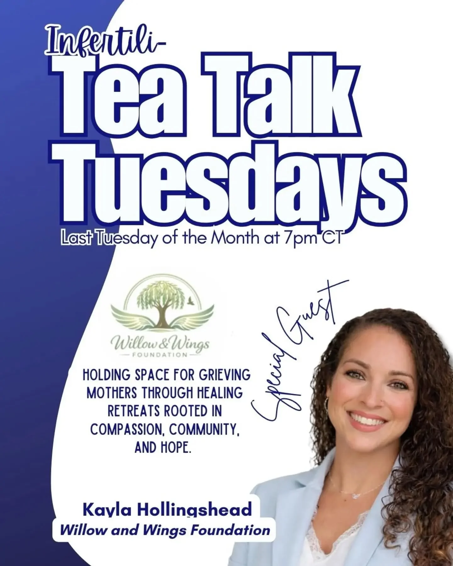 Let's spill some tea about grief, healing, and finding hope after loss. 💙

This month at Infertili-Tea Talk Tuesday, we're welcoming a very special guest, Kayla Hollingshead from Willow &amp; Wings Foundation! 🦋

Grief doesn't come with a timeline.