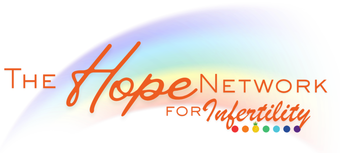 Colorful rainbow design with the text "The Hope Network for Infertility" overlayed, featuring a multicolored rainbow background with vibrant hues and some small icons at the bottom right.