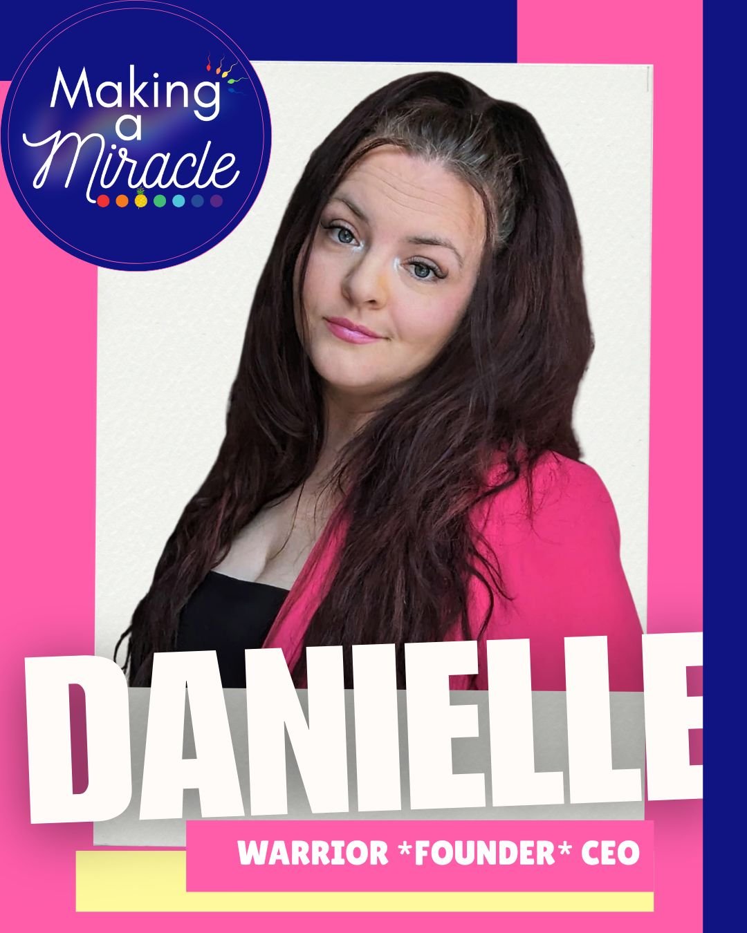 Cover of a motivational book titled "Making a Miracle" featuring a woman with long dark curly hair, wearing a pink blazer and a black top, with a background divided into pink, white, and blue sections. The woman's name is Danielle, and she is described as a warrior, founder, and CEO.