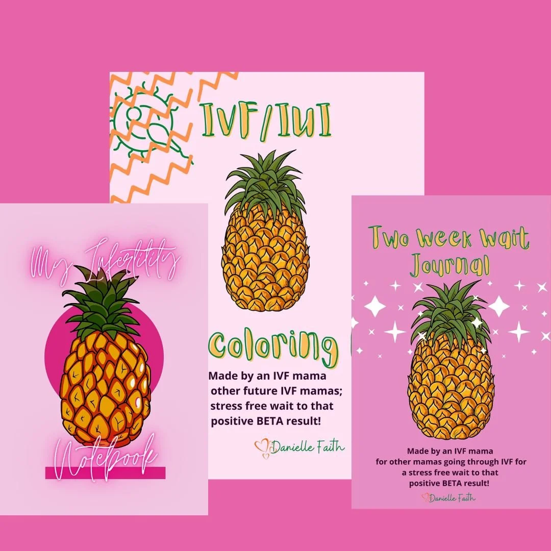 Three colorful images featuring pineapples, with text about IVF and IUI journals and coloring books by Danielle Faith. Backgrounds are pink with decorative elements.