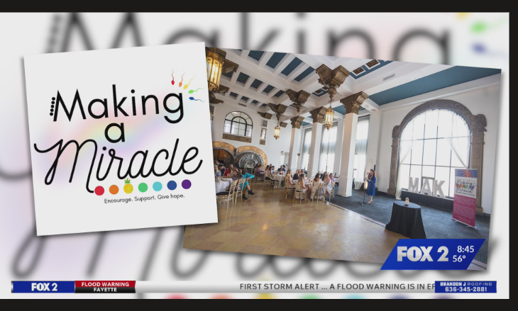 A screenshot of a news segment titled 'Making a Miracle,' showing a large event space with high ceilings, ornate columns, and large windows. There are people seated at tables, and a woman is standing near a display stand. The segment is from FOX 2 News, with a flood warning banner at the bottom.