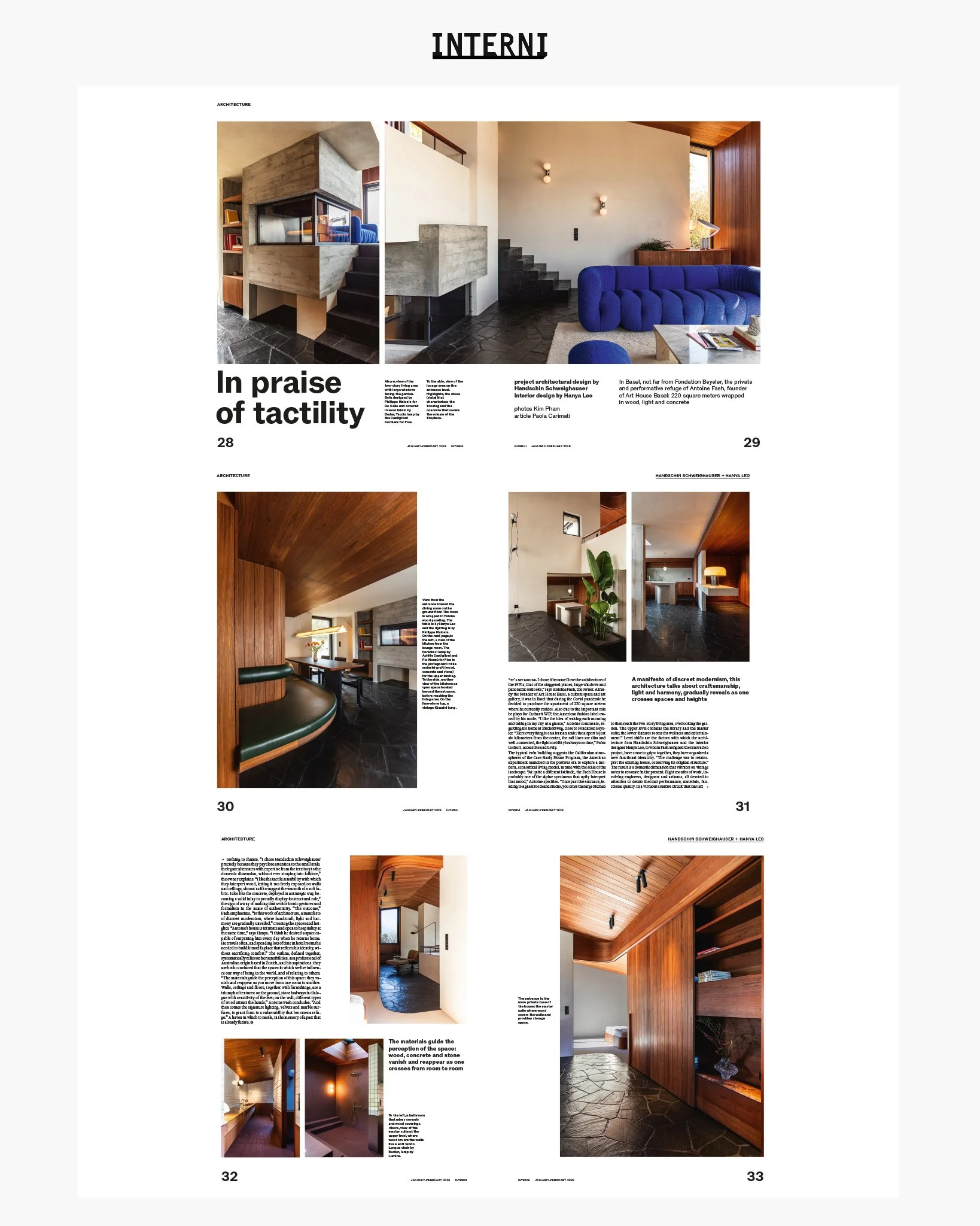 Innenseiten des INTERNI Magazines mit Fotos von modernen Innenarchitekturen von Innenarchitektin Hanya Leo, hauptsächlich mit Holz- und Steinelementen. Küchenstein von Fischer AG. Reihenhaus in Riehen, Basel.