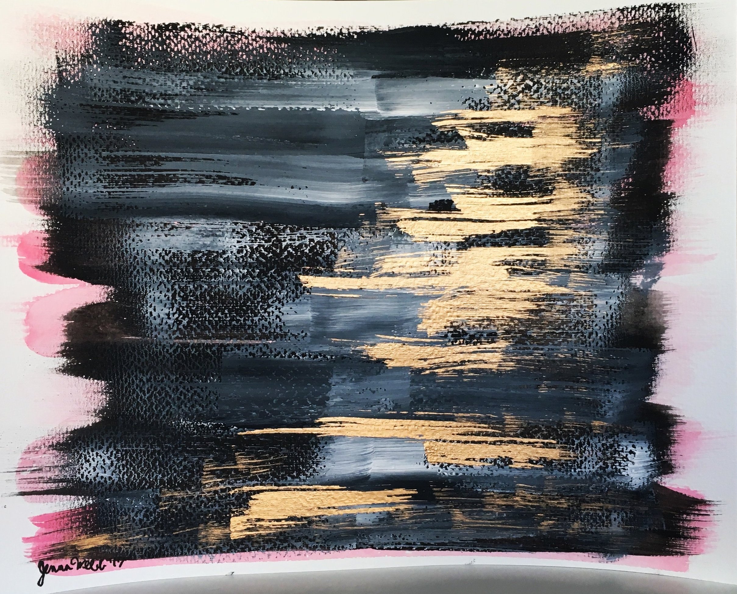 "Obsession" 8X10 Abstract Painting in Pink Black and Gold Leaf