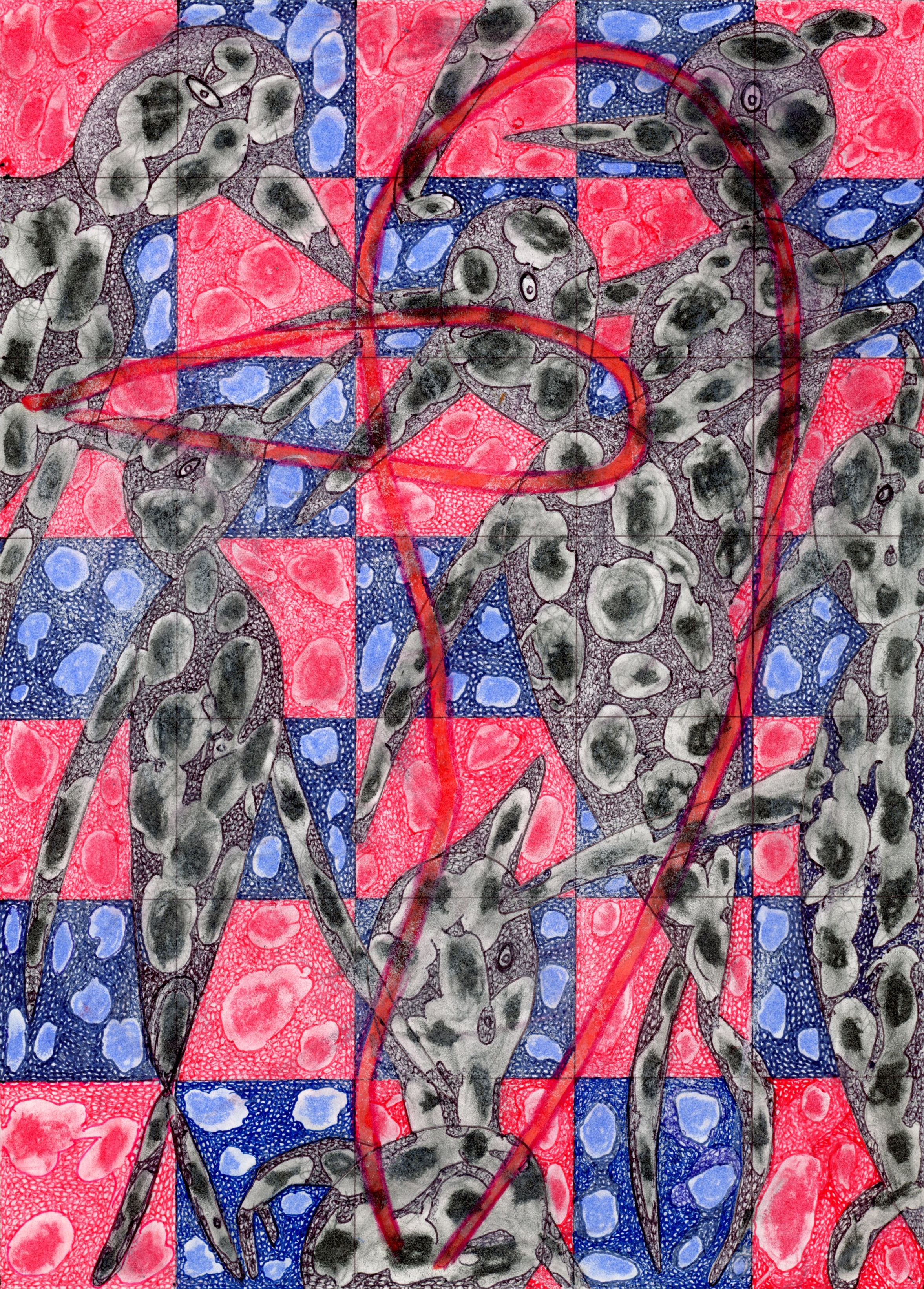 "MURDER OF KA-CAWS", 14.5" X11.5", ILLUSTRATOR BALL POINT, DESIGN MARKERS, PRISMACOLOR, OIL CRAYON, PASTEL ON STRATHMORE BRISTOL, WILL NORTHERNER ART, 5-31-26 - FS
