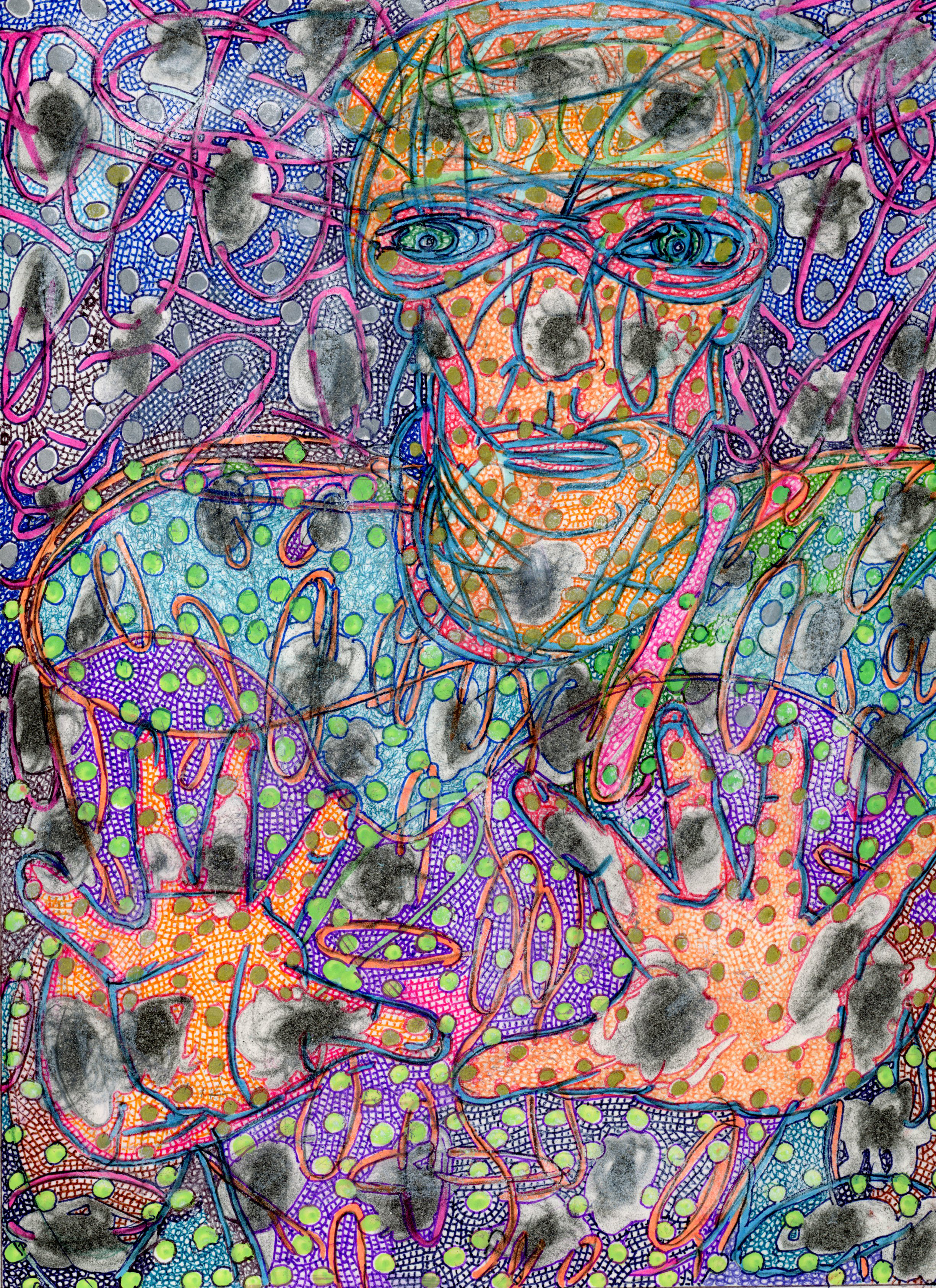 TITLE: COSTUME FAKIR MASSEUS, 14.5" X 11.5", ILLUSTRATOR BALL POINT, PASTEL, OIL PASTEL ON STRATHMORE BRISTOL, WILL NORTHERNER ART, 5-9-26 - FS