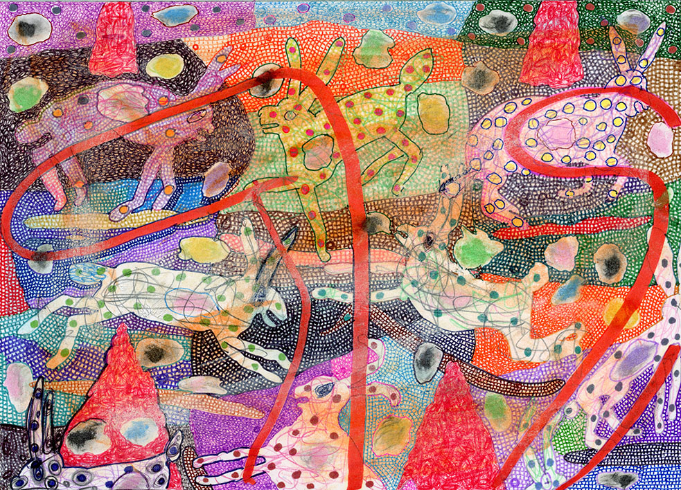 "HARES IN M-HAIR", 11.5" X 14.5", PASTEL, ILLUSTRATOR MARKER AND PENCIL, PRISMACOLOR ON STRATHMORE 3 PLY BRISTOL, WILL NORTHERNER ART, 2-20-26 - FS