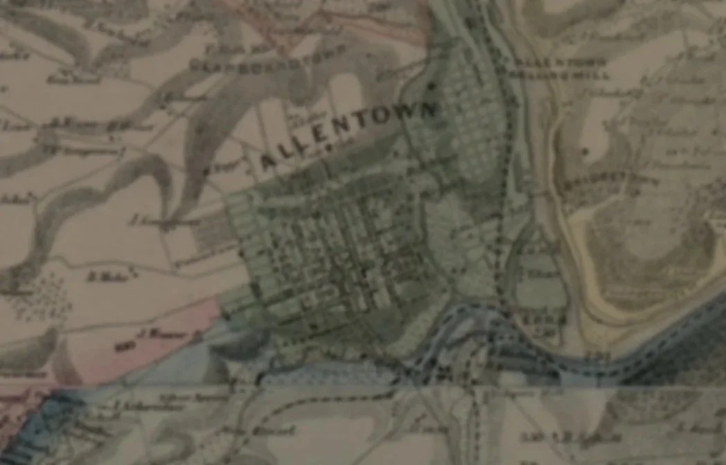 Historic map of Allentown, Pennsylvania showing streets, railroads and surrounding areas.