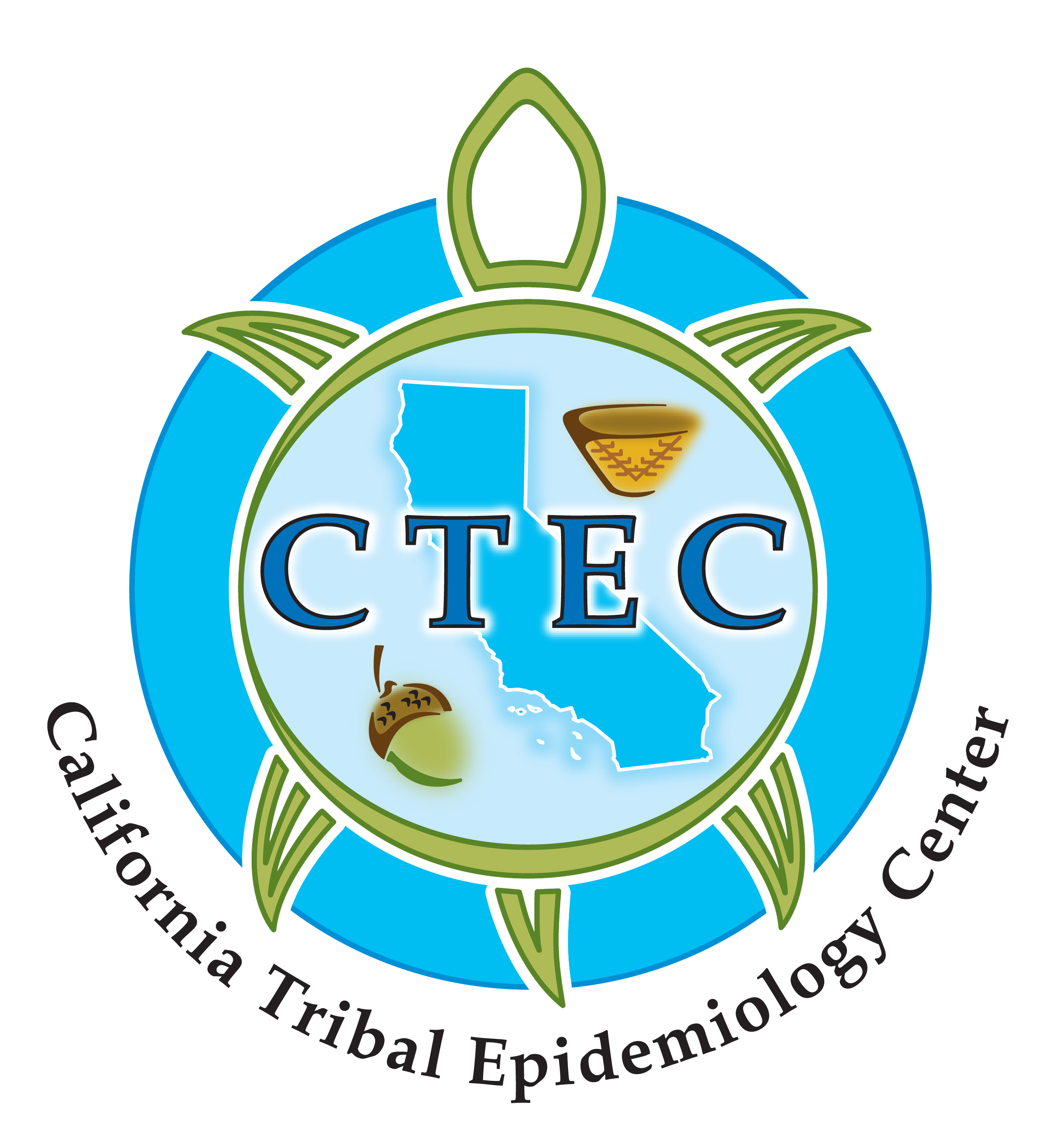 Logo of the California Tribal Epidemiology Center, featuring a blue circle with green turtle-like elements around it, a map of California, and images of traditional baskets and a pottery shard. The text includes 'CTEC' and the full name 'California Tribal Epidemiology Center'.