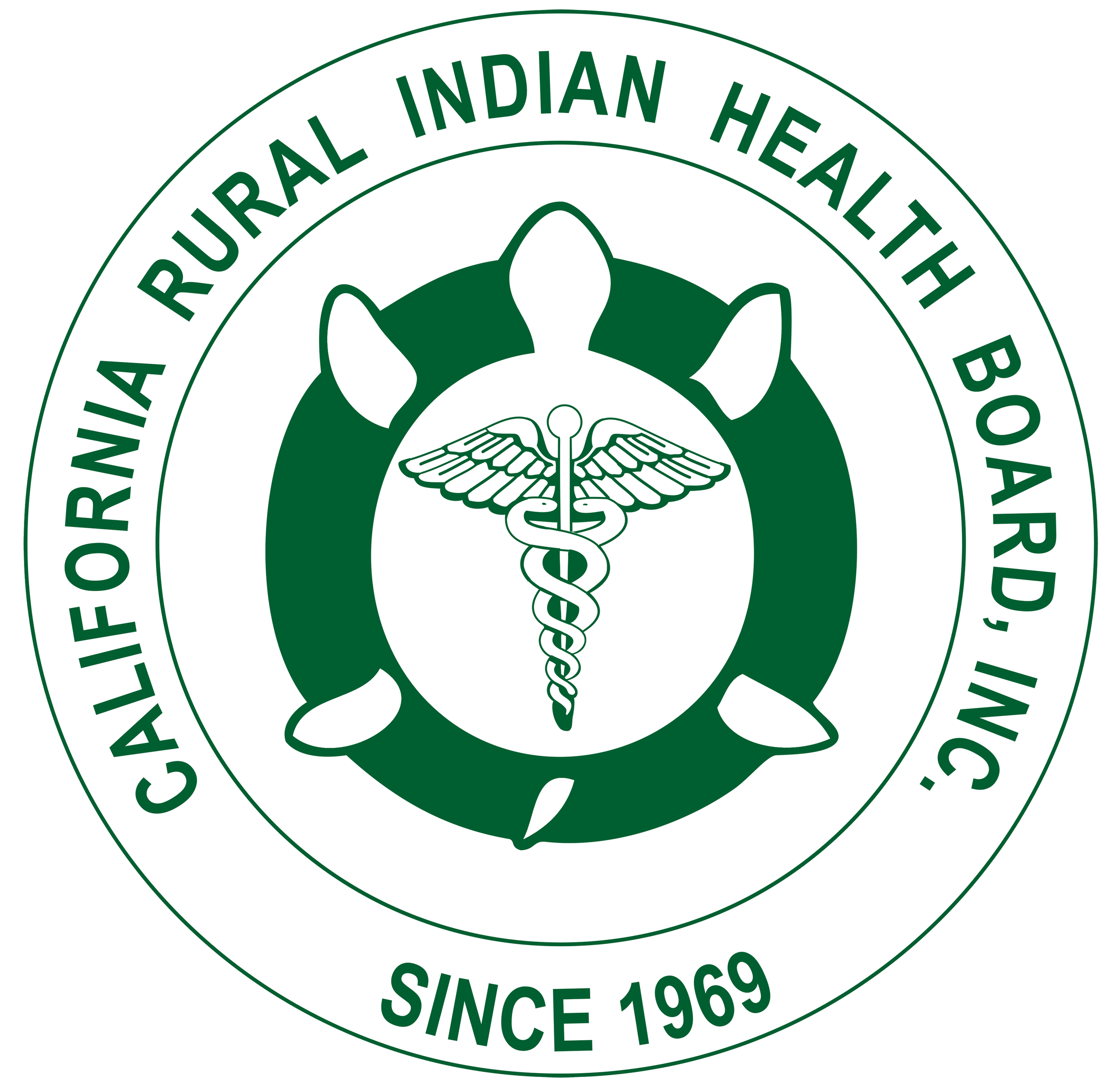 Seal of the California Rural Indian Health Board and green text stating the organization's name and founding year, 1969.