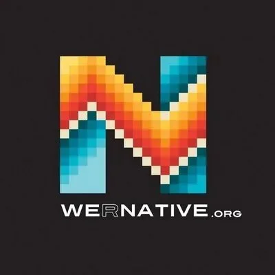 bead-work like pixelated multicolored letter N with the text "WE R NATIVE.ORG" below it.