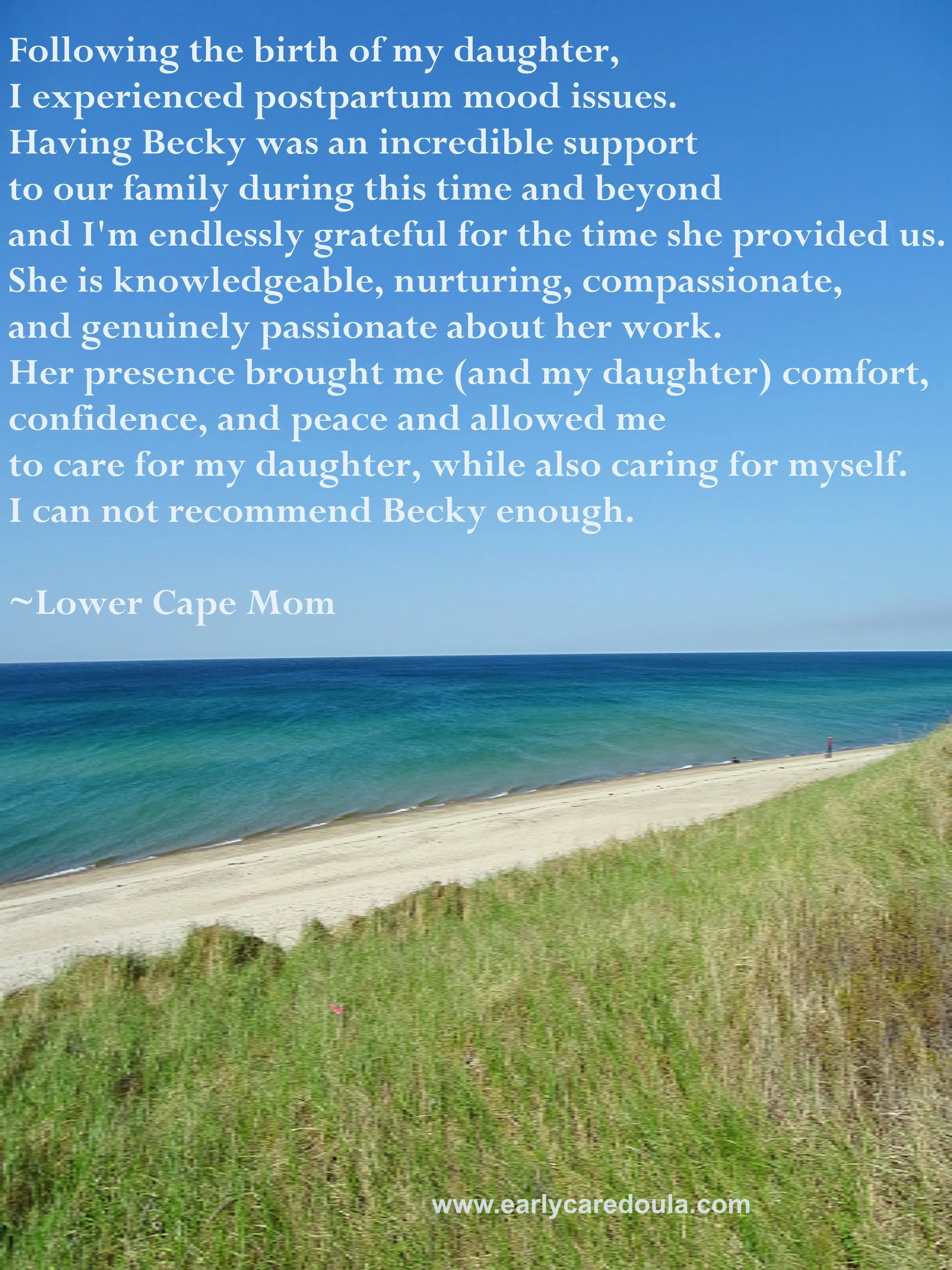 Cape Cod mom expressing appreciation for Becky Fischer doula support for her daughter