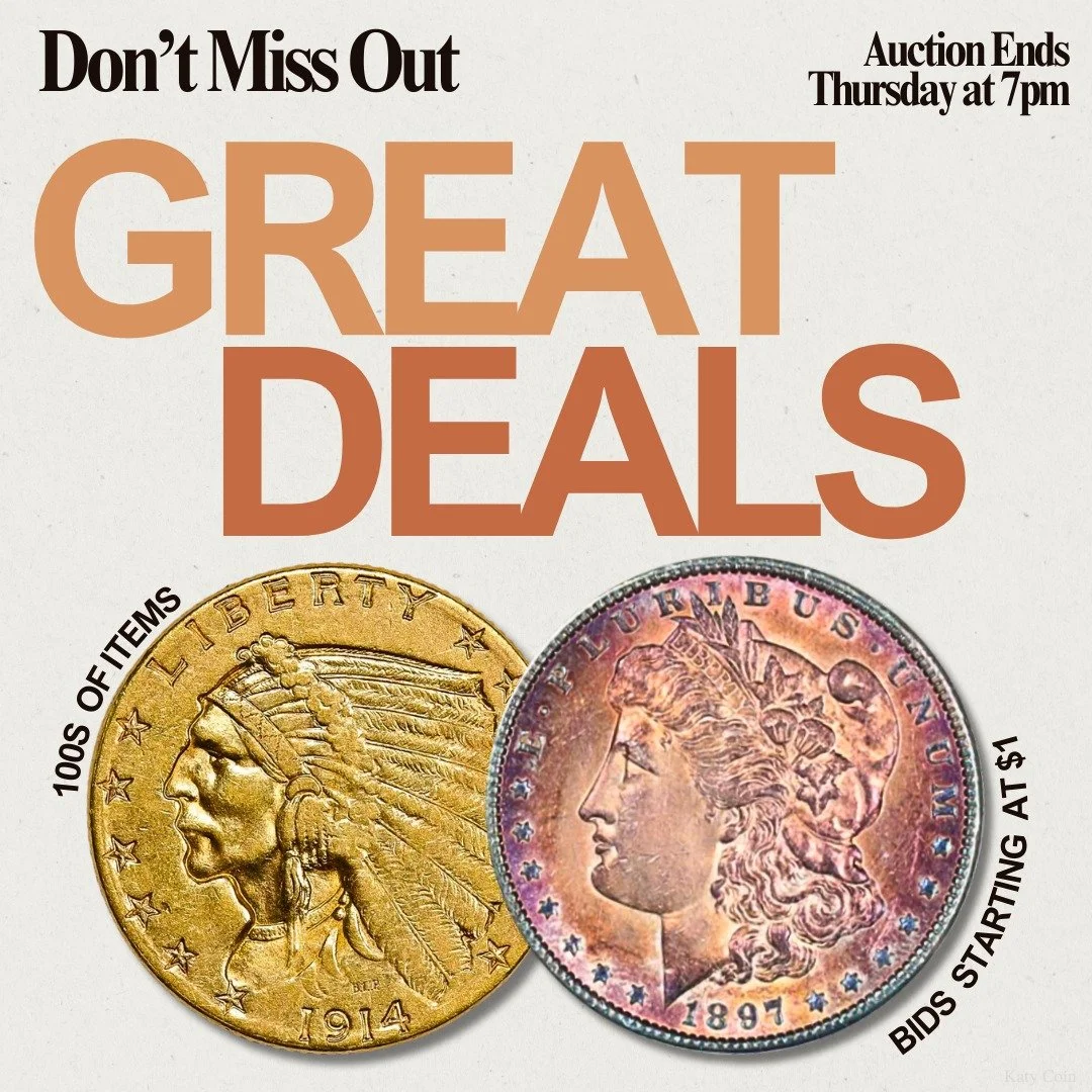 Don’t miss out on our wholesale estate auction ENDING TOMORROW! Find deals on gold, silver, and an array of rare coinage! Bid Now! https://katycoin.hibid.com/catalog/676401/katy-coin-and-collectibles-estate-auction-10-16-25
#Auction #EstateSale