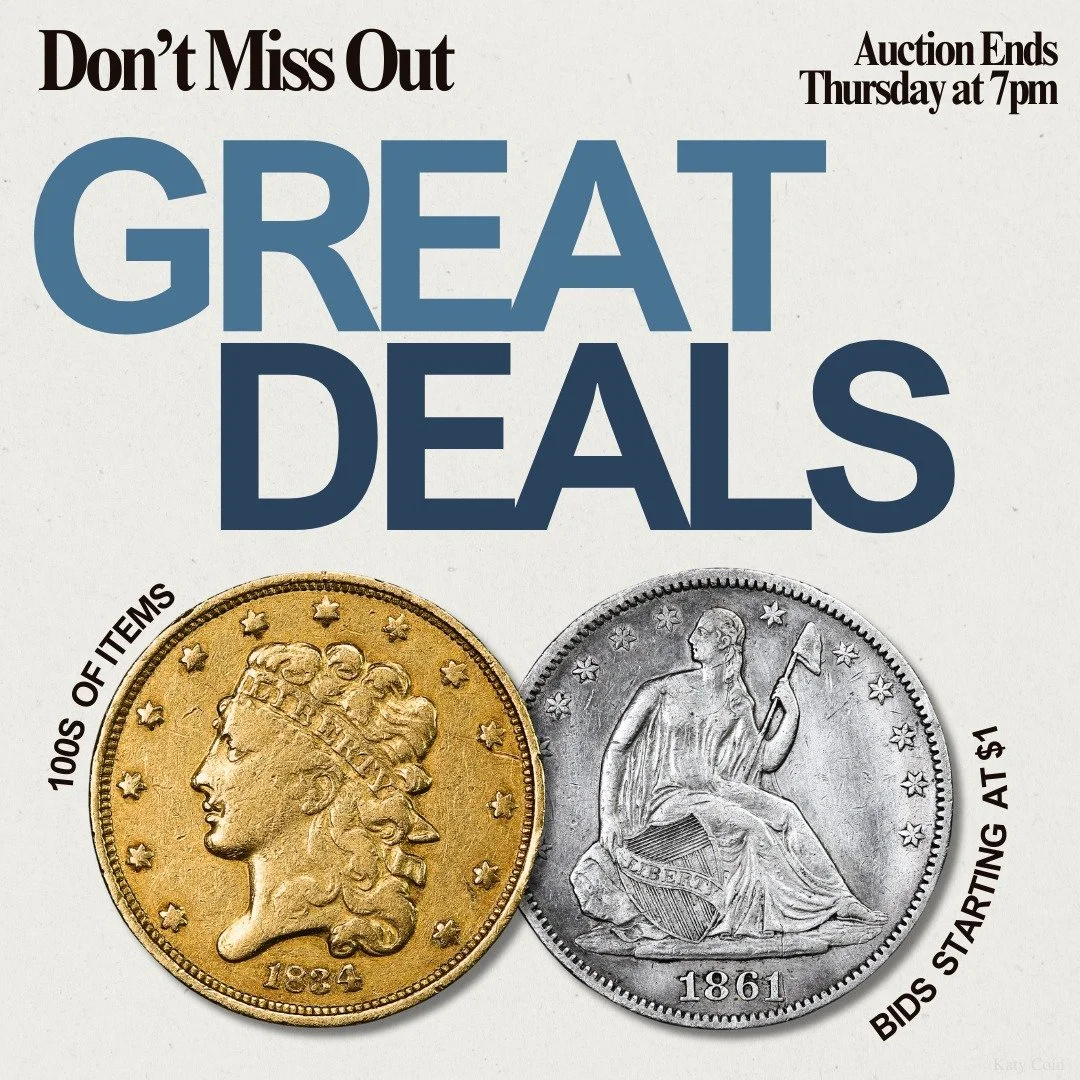 Don&rsquo;t miss out on our wholesale estate auction ending tomorrow! Find deals on gold, silver, and an array of rare coinage! Bid Now!
#Auction #EstateSale #deals
