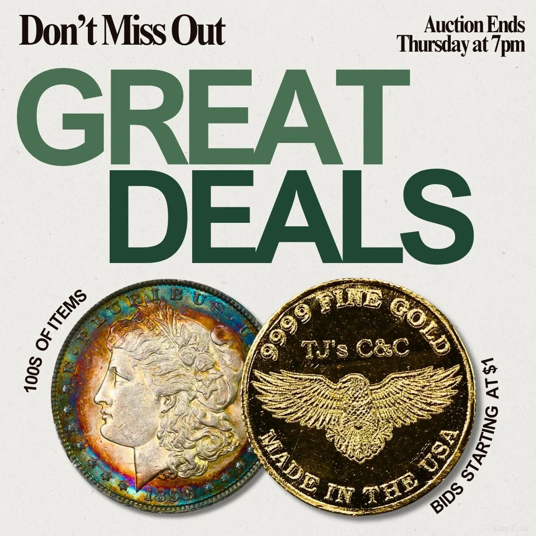 Don't Miss Out! Discover HUNDREDS of RARE coins and currency to add to your collection! The Katy Coin Auction ends Thursday at 7pm! Bid now before it's too late! 🪙