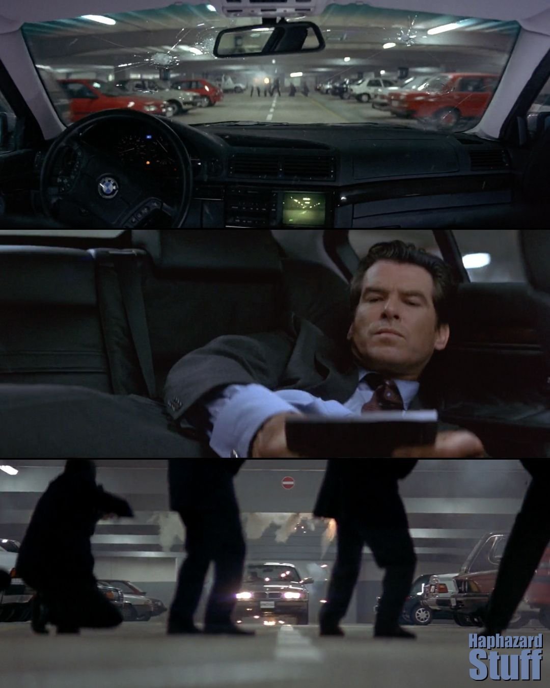 The remote-controlled car chase in Tomorrow Never Dies.
 
James Bond gets into a car chase in a Hamburg parking garage and luckily he has his remote-controlled, gadget-filled BMW 750iL on his side.

The sequence was filmed over a three-week period st