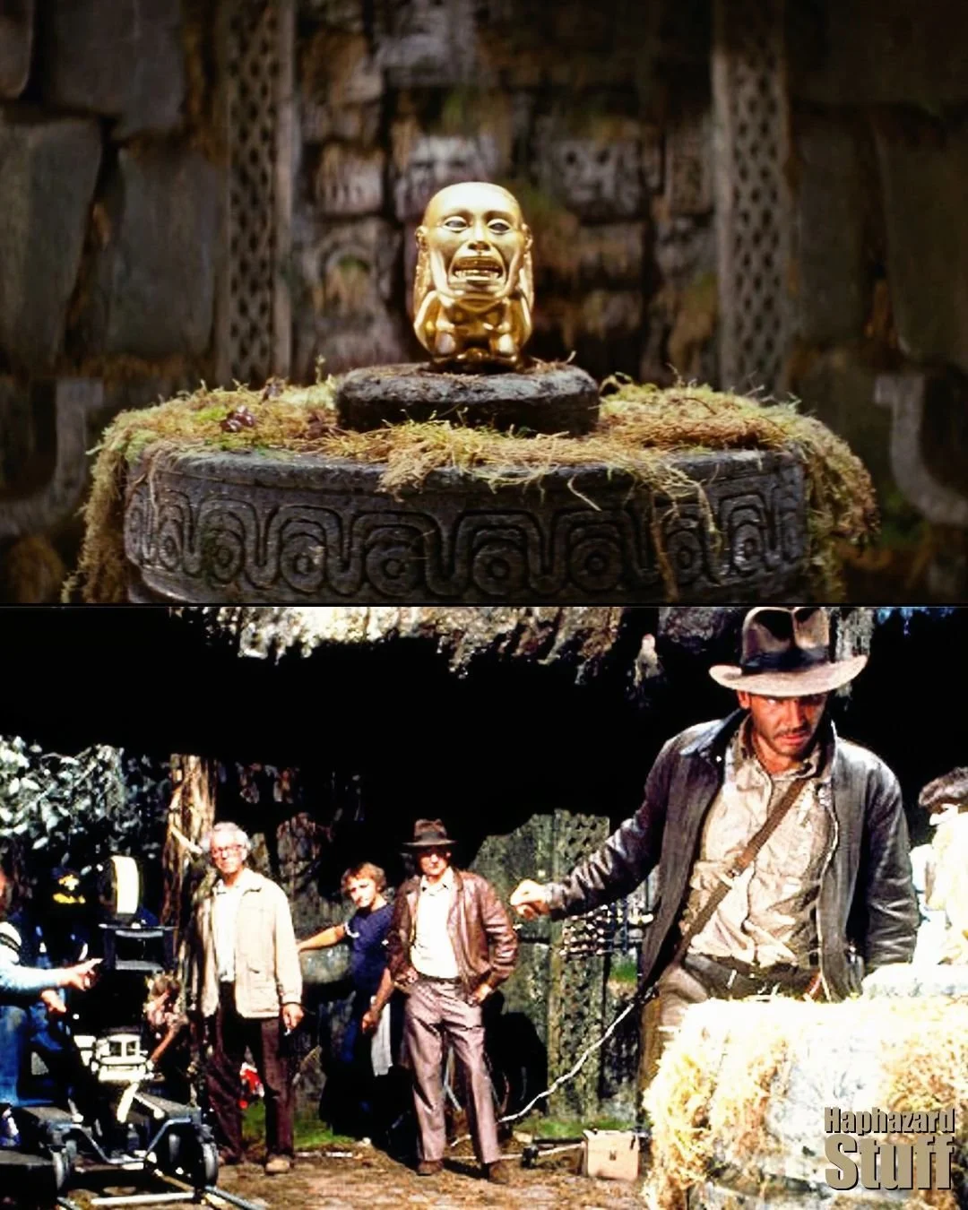 Raiders of the Lost Ark, 1981 - behind the scenes

The idol scene opening of Raiders was filmed at two separate locations. The exteriors of Indy making his way to the temple and his eventual escape was filmed in Kauai, Hawaii. 

The interiors of the 