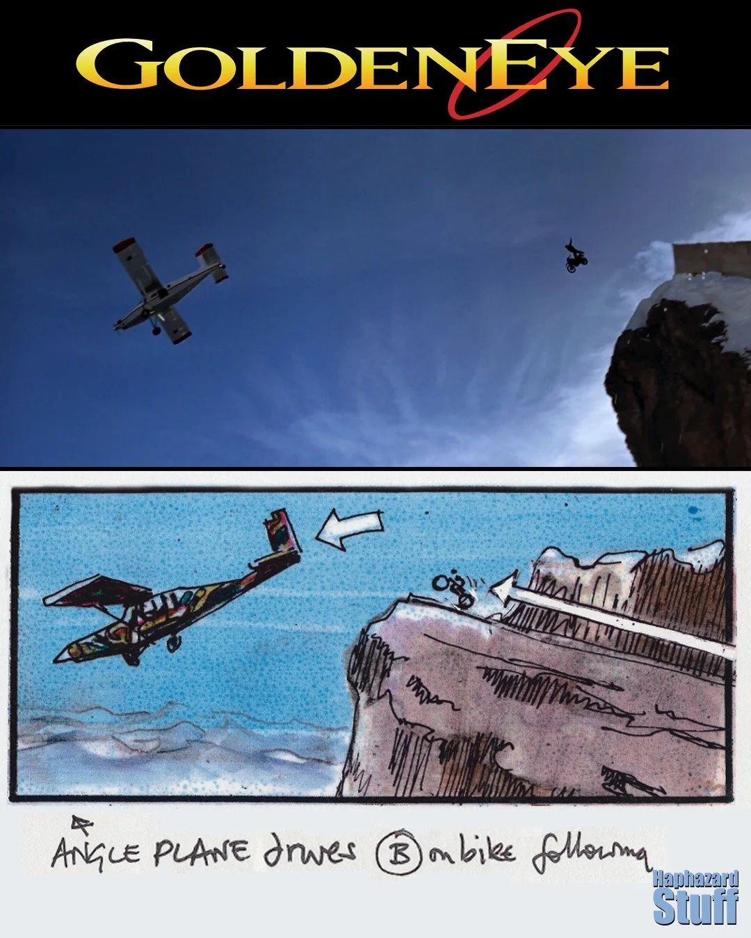 The opening plane stunt where Bond rides off a cliff on a motorcycle, catches up to a falling plane, hops in it and flies away was created using miniatures, stunts, projection screens, a lot of spare motorcycles and of course Pierce Brosnan. 

Michae