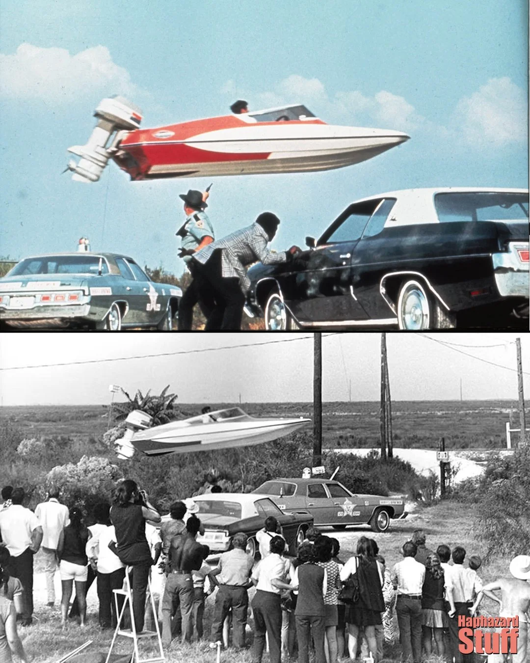 The famous boat jump over a car in Live and Let Die was filmed on October 15, 1972, at the Crawdad Bridge in Louisiana. 

Stuntman Jerry Comeaux performed the jump during the shooting of the bayou chase scene. The actual stunt was only practiced in t