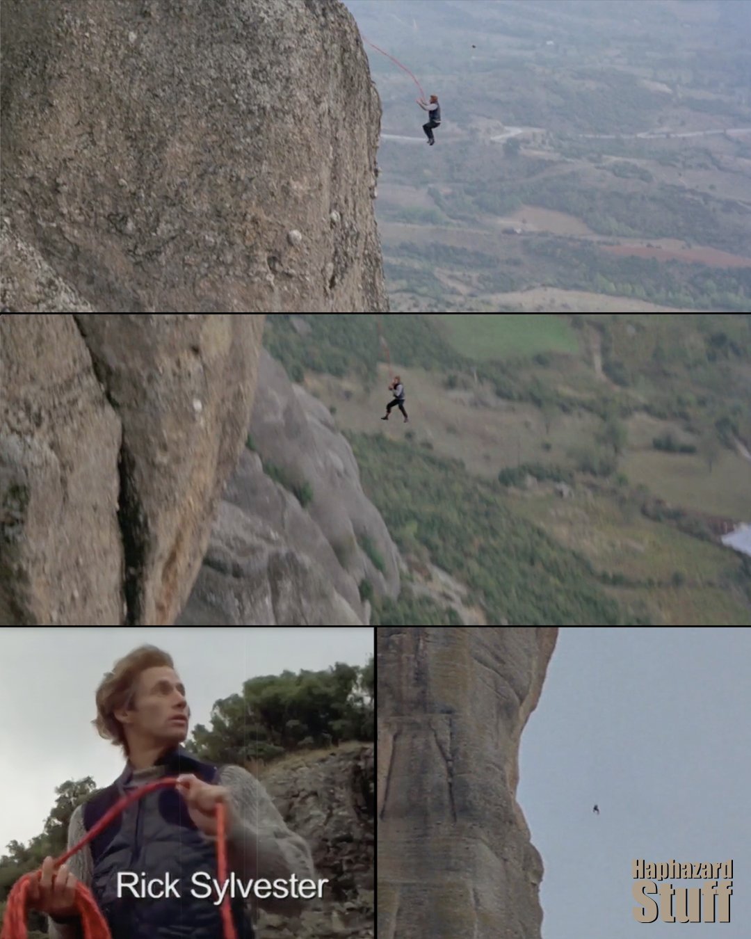 Rick Sylvester performs the cliff fall stunt for For Your Eyes Only, 1981.

Sylvester had performed the pre-credits ski jump in The Spy Who Loved Me. For the cliff fall he would double James Bond falling 300 feet with a climbing rope.

Filming took p