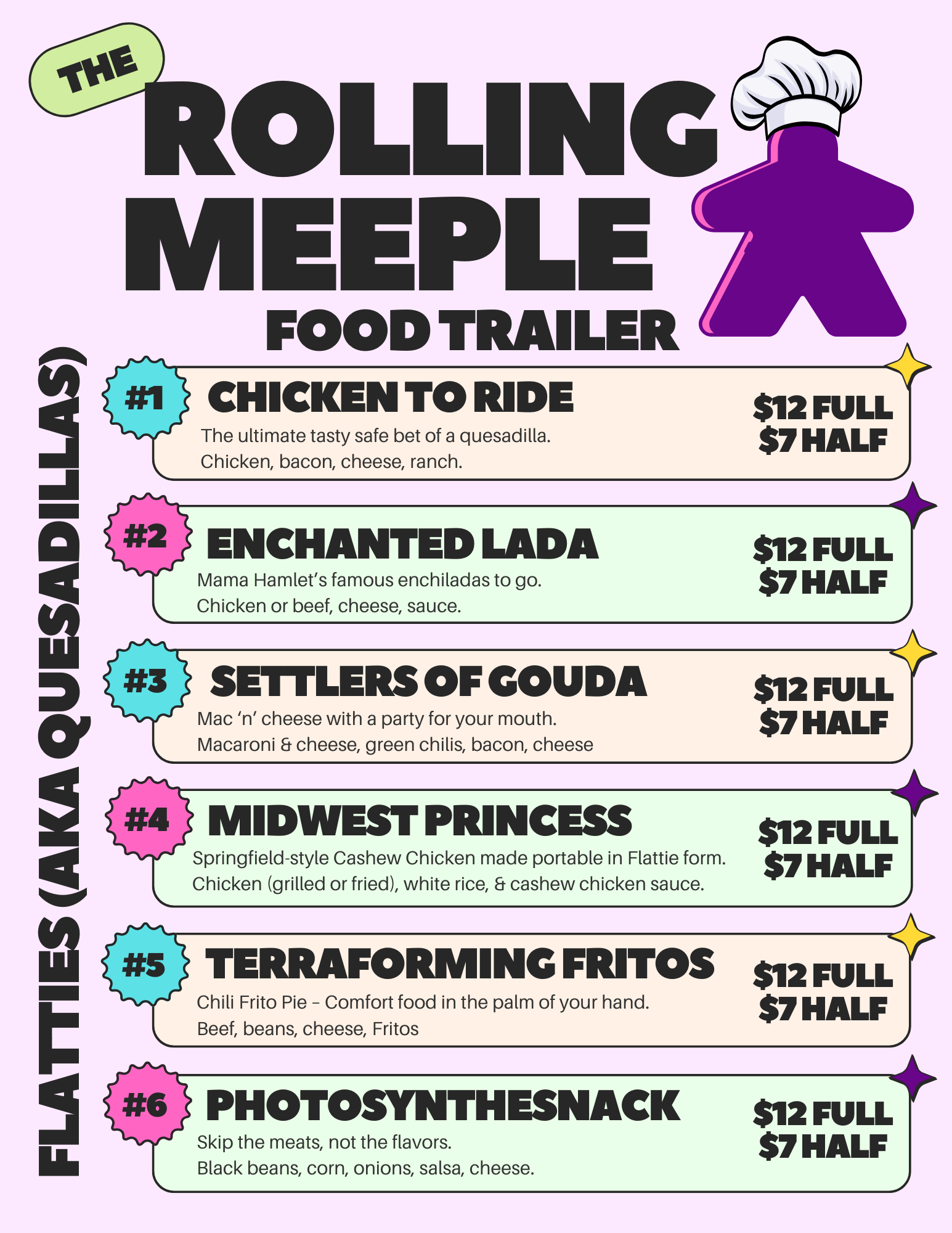 Food trailer menu featuring six options: Chicken to Ride, Enchanted Lada, Settlers of Gouda, Midwest Princess, Terraforming Fritos, Photosynthesis Snack, with descriptions and prices.