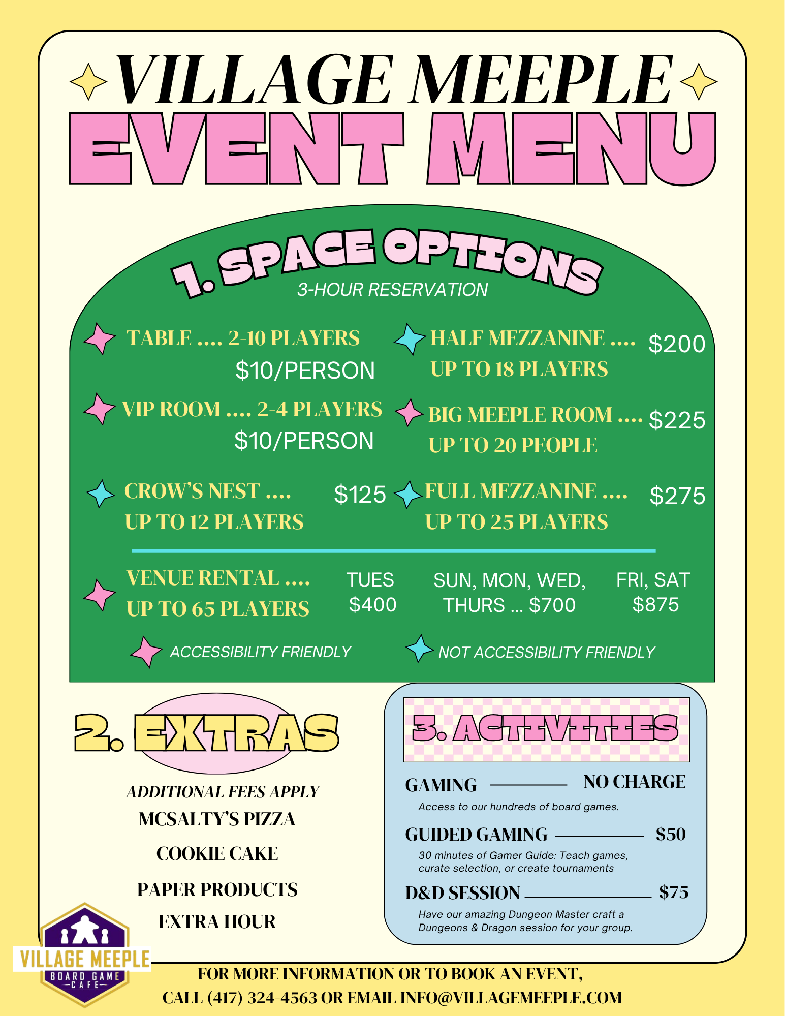Event menu poster for Village Meeple Board Game Cafe, featuring space options like tables, VIP rooms, crow’s nest, venue rental, and additional fees, along with extracurricular activities such as gaming, guided gaming, and D&D sessions.