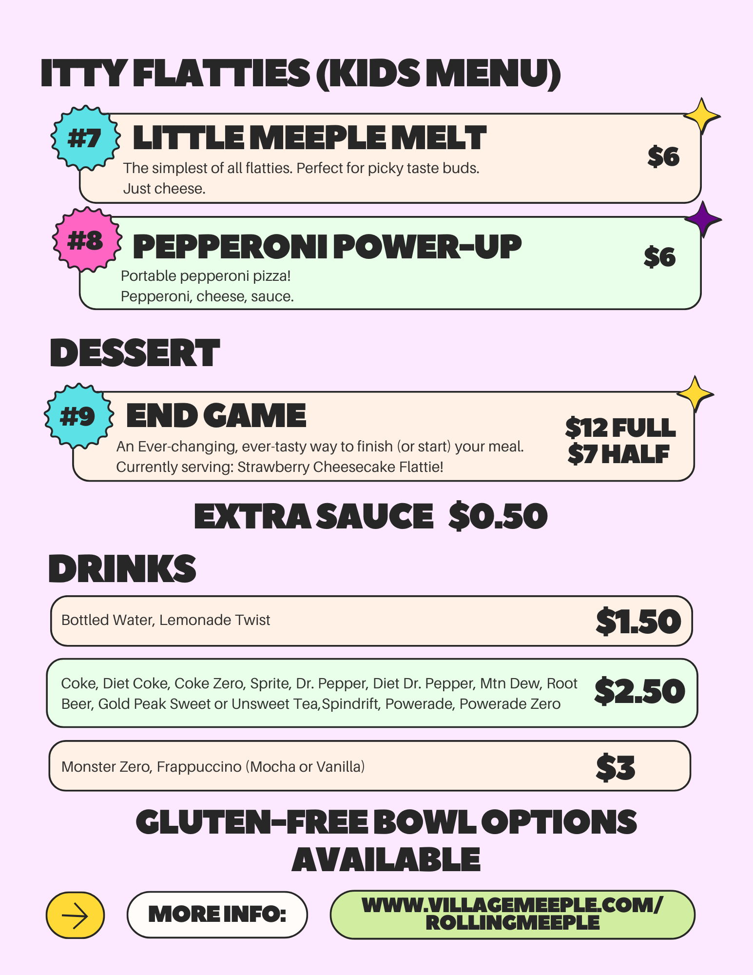 Kids menu featuring Flatties, Dessert, Extra Sauce, Drinks, and Gluten-Free Bowl options, with colorful decorations and prices listed.