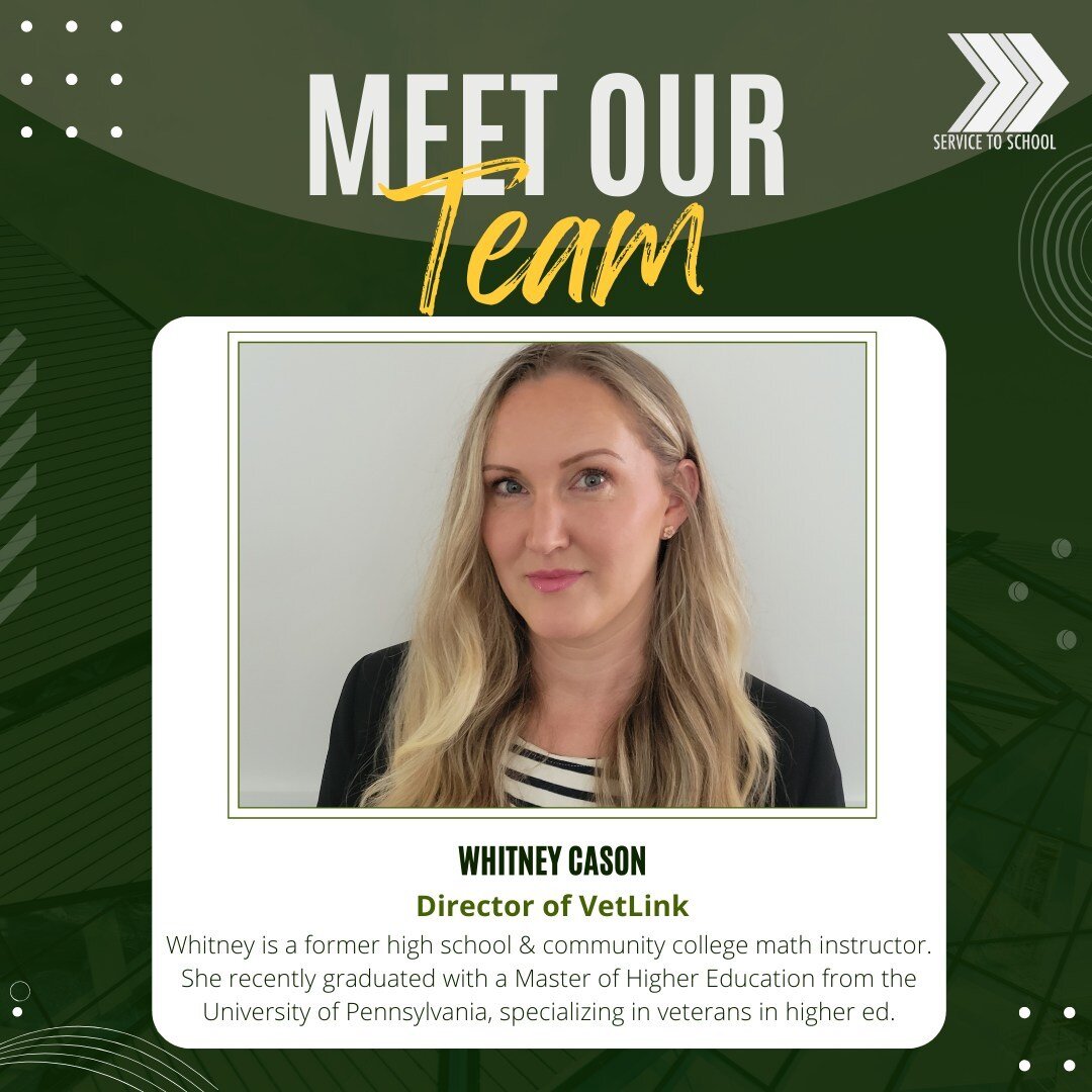 #MeetTheTeam ✨ Meet Whitney! 

Whitney is our Director of VetLink here at S2S! In overseeing S2S's VetLink partnership program, Whitney works closely with admissions teams at our partner institutions &amp; develops programming that supports veteran a