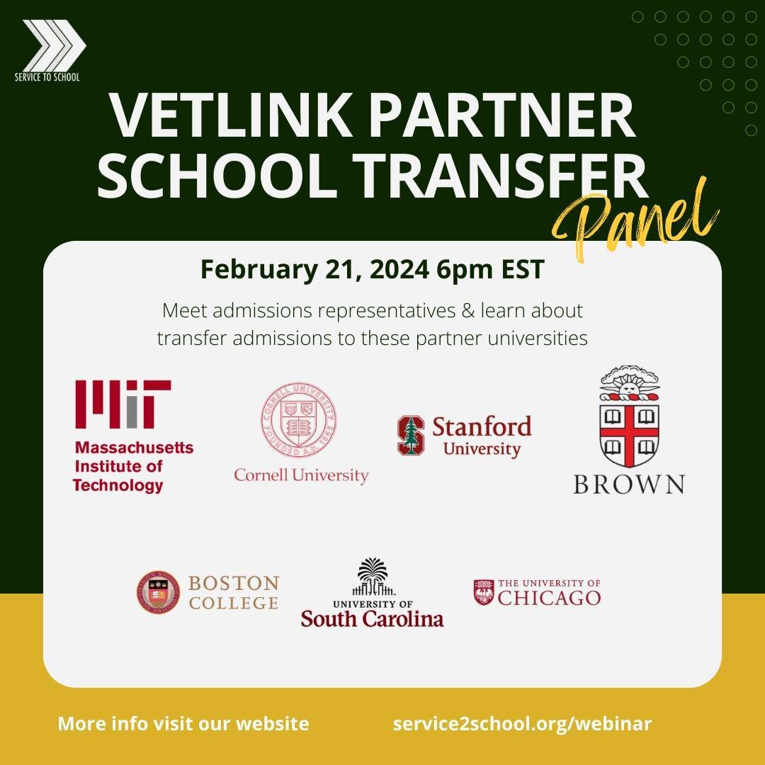 The final event in our VetLink partner transfer series is February 21st at 6pm EST. Join us for a 7x6 panel information session where each school will have 6 minutes to introduce themselves and their schools. This is an opportunity for potential appl