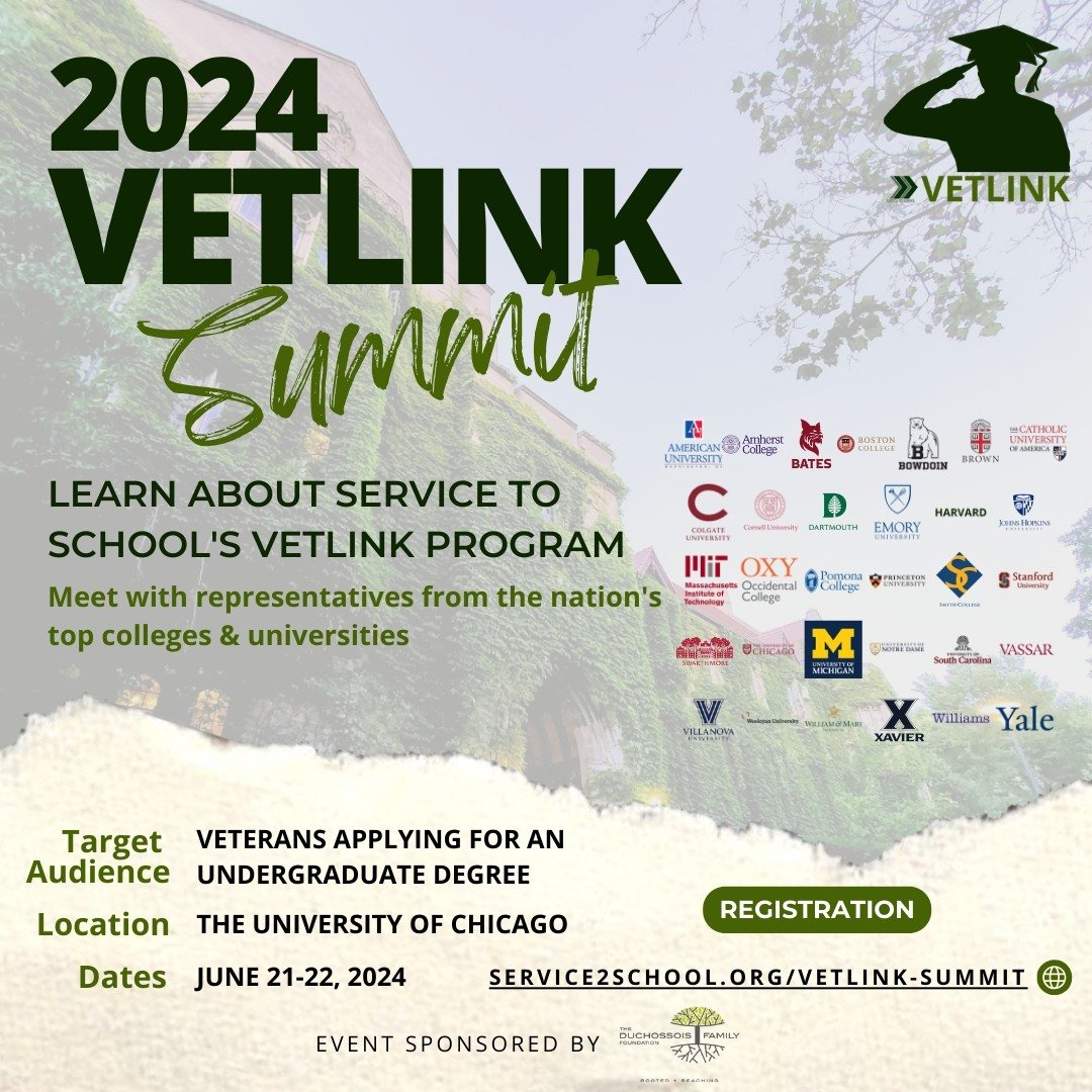Are you a veteran interested in furthering your education by transferring to a four-year university or even a highly competitive school? We are hosting our 2nd annual VetLink Summit June 21-22 at the University of Chicago. 

Student veterans will hav