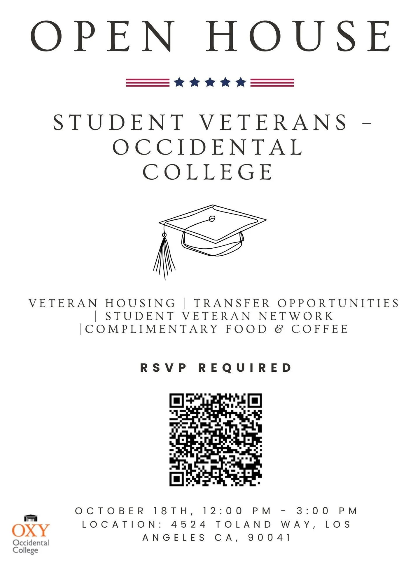 You are invited to @OccidentalCollege&rsquo;s Student Veteran Open House on October 18th from 12:00 pm - 3:00 pm, created exclusively for you. Come tour Oxy&rsquo;s dedicated Student Veteran housing units, connect with fellow veterans already thrivin